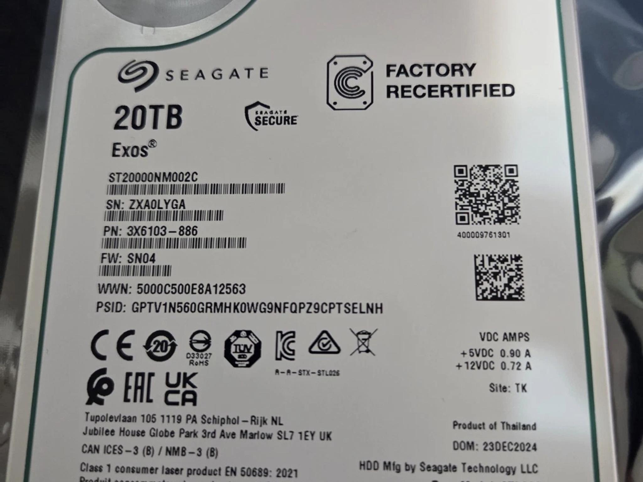 20TB Seagate Exos ST20000NM002C CMR 7200RPM SATA6Gb/s 3.5" Enterprise Hard Drive
