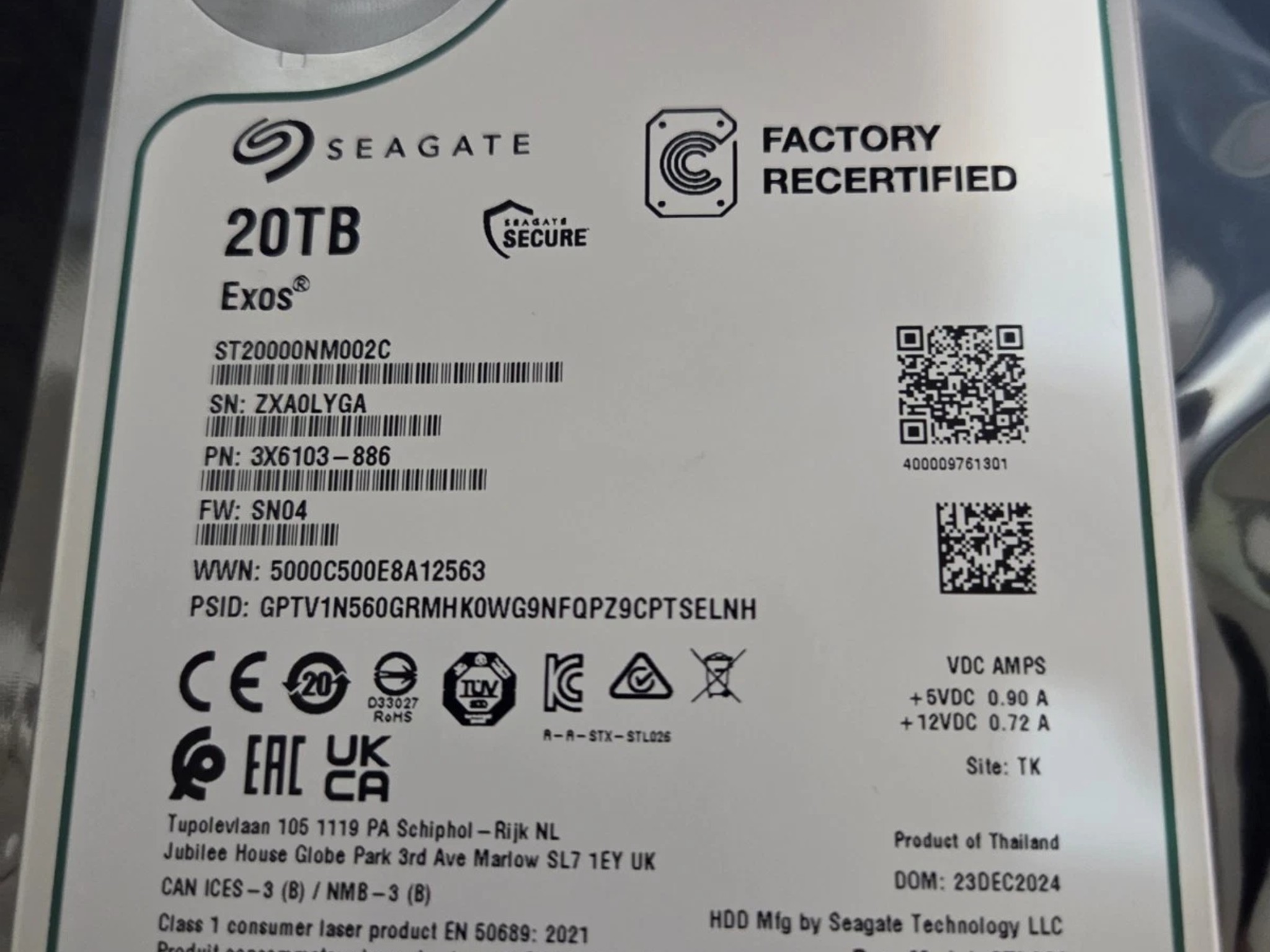 20TB Seagate Exos ST20000NM002C CMR 7200RPM SATA6Gb/s 3.5" Enterprise Hard Drive