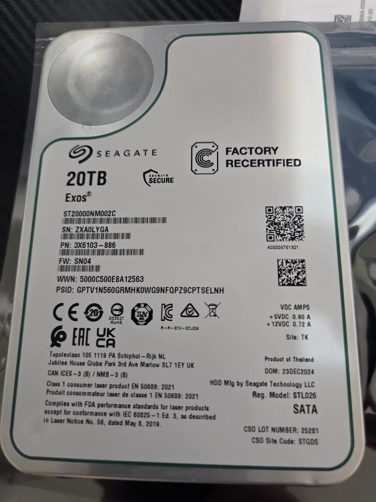 20TB Seagate Exos ST20000NM002C CMR 7200RPM SATA6Gb/s 3.5" Enterprise Hard Drive