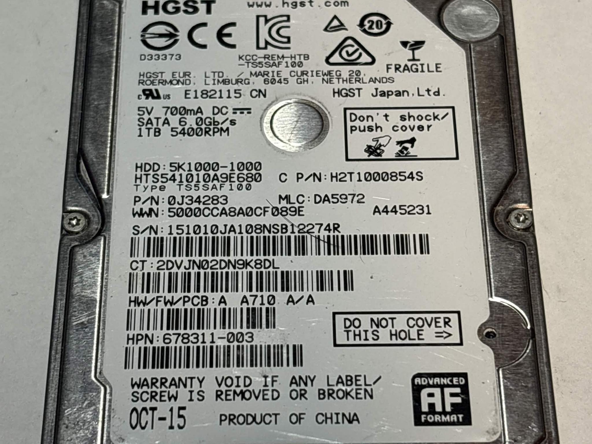 HGST 1TB SATA Laptop Hard Drive | Tested & Functional