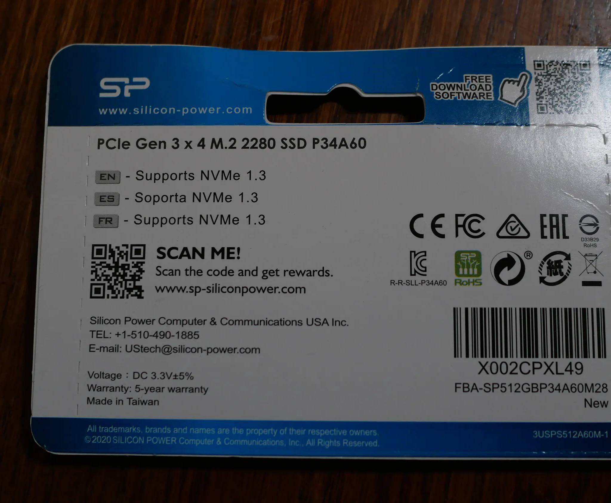 Silicon Power 512GB NVMe M.2 PCIe Gen3x4 2280 SSD SP512GBP34A60M28