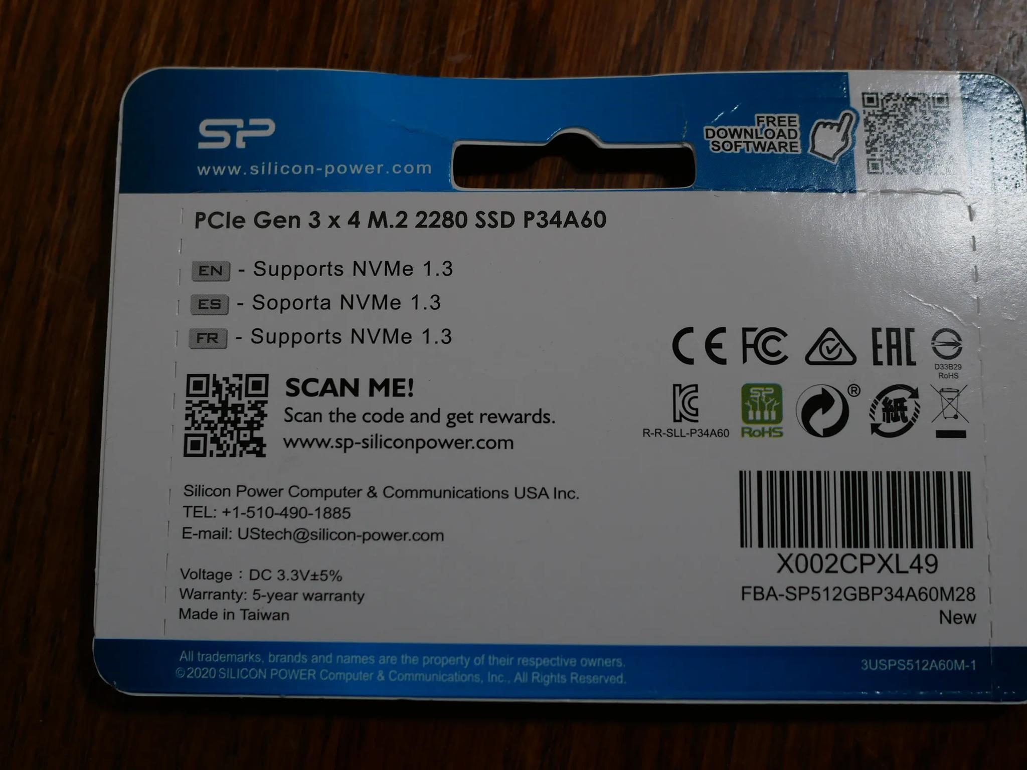 Silicon Power 512GB NVMe M.2 PCIe Gen3x4 2280 SSD SP512GBP34A60M28