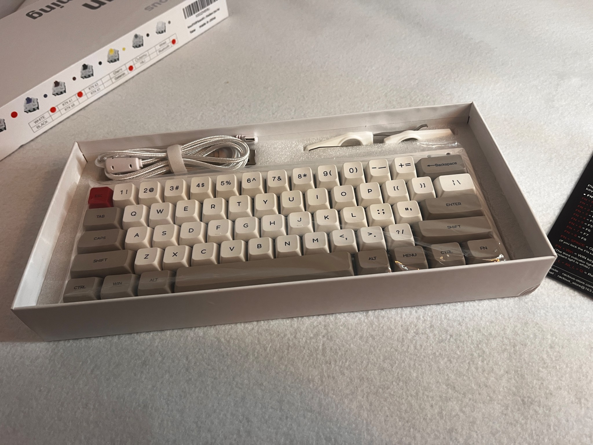 Ractous Design gaming keyboard, New in the Box. 60%, RGB.  Gateron Red Switches Hot Swappable