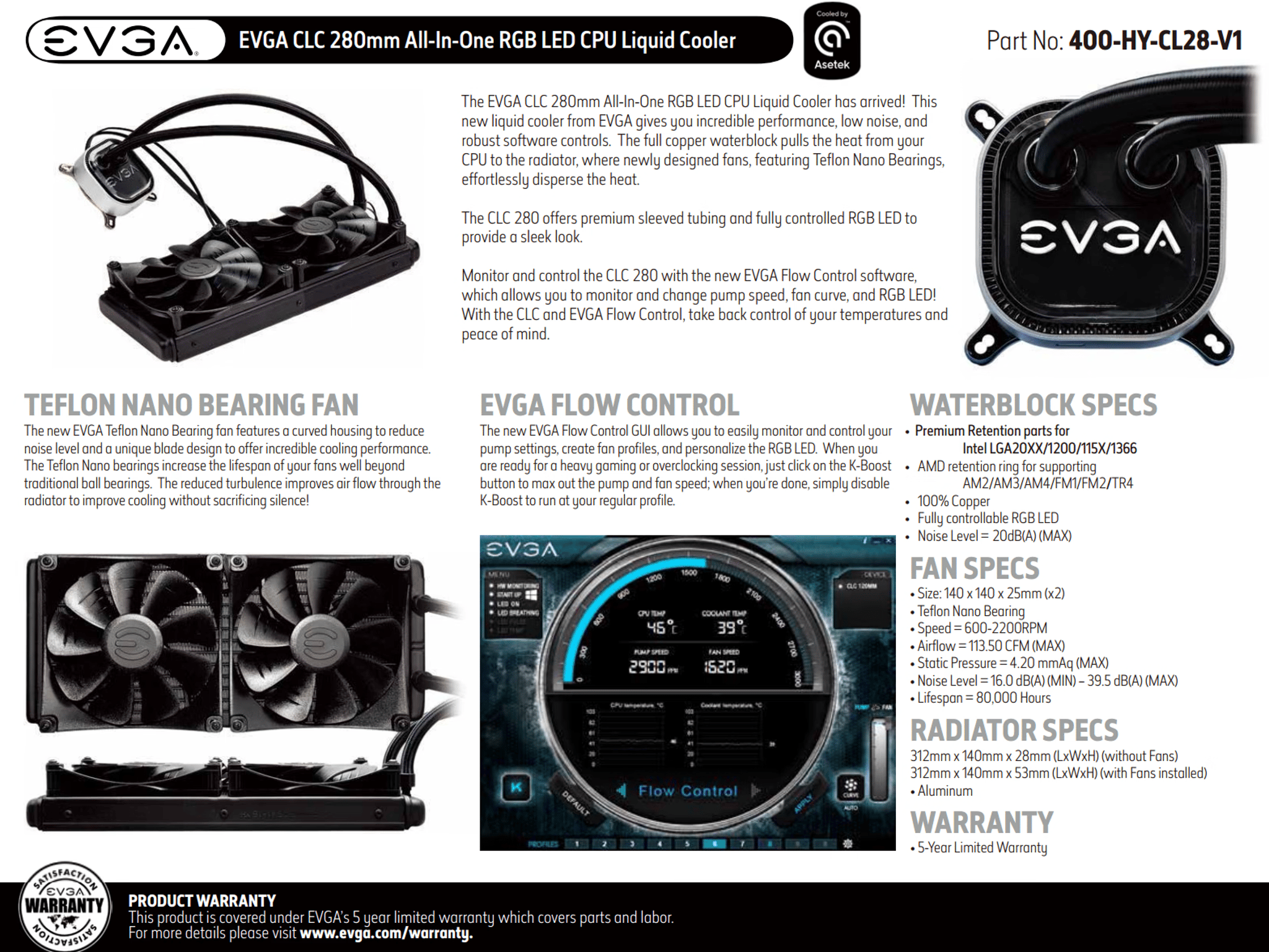 NEW EVGA CLC 280mm All-In-One RGB LED CPU Liquid Cooler