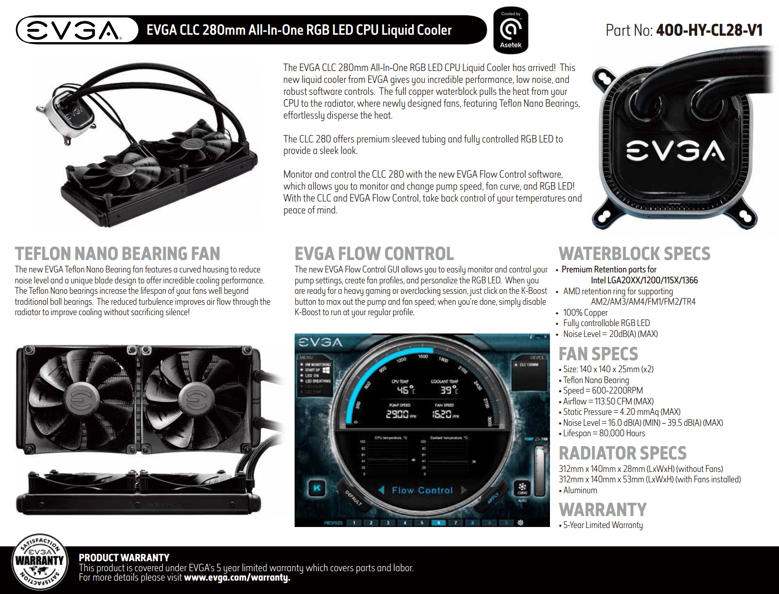 NEW EVGA CLC 280mm All-In-One RGB LED CPU Liquid Cooler