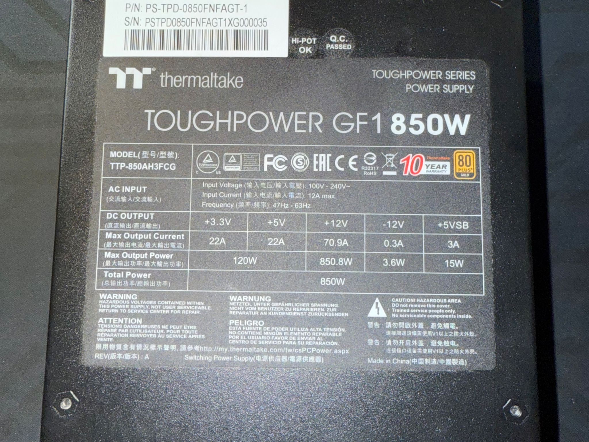 Thermaltake Power Supply PS-TPD-0850FNFAGU-1 Toughpower GF1 850W 80+ Gold Fully Modular