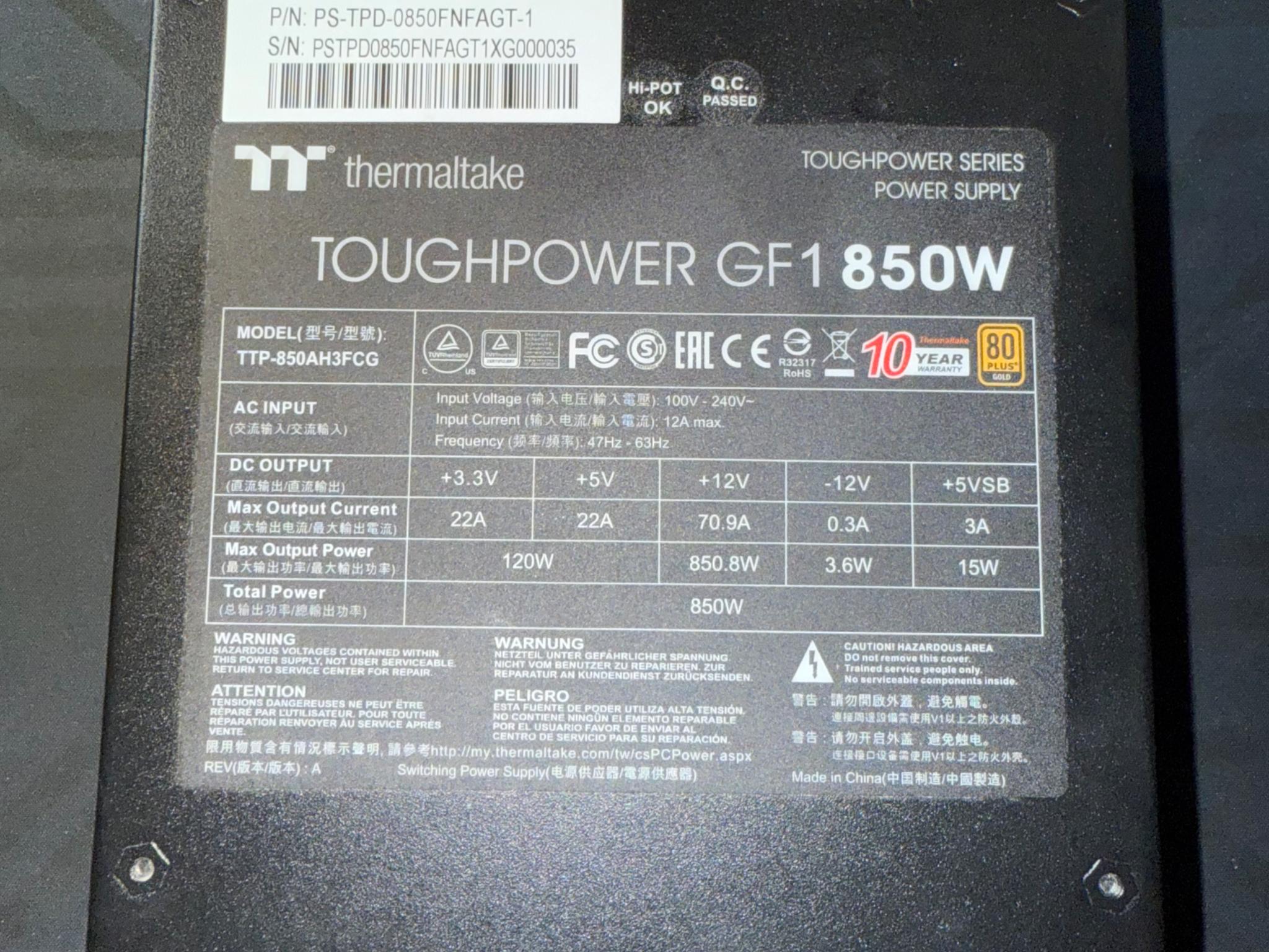 Thermaltake Power Supply PS-TPD-0850FNFAGU-1 Toughpower GF1 850W 80+ Gold Fully Modular