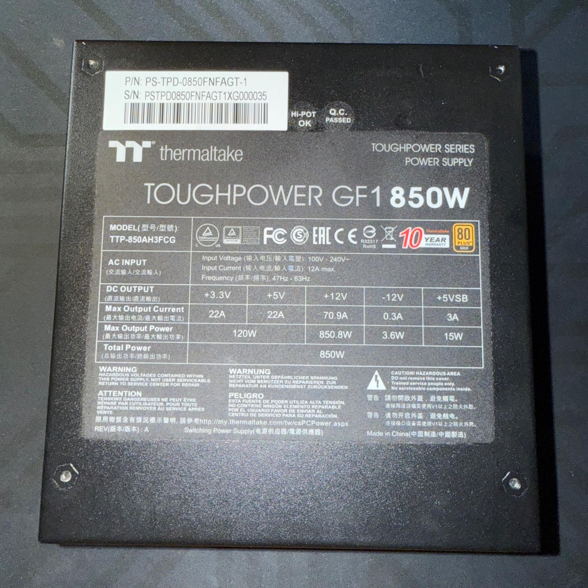 Thermaltake Power Supply PS-TPD-0850FNFAGU-1 Toughpower GF1 850W 80+ Gold Fully Modular