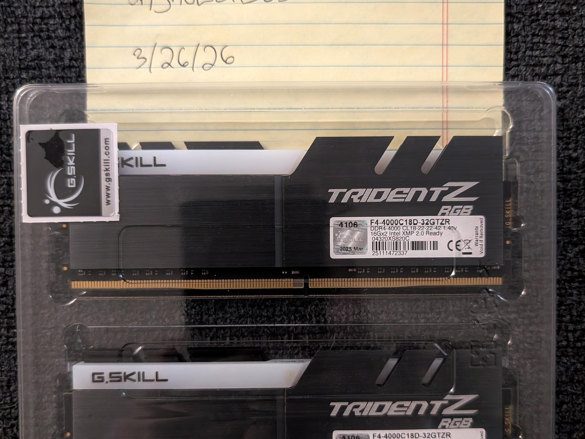2x 32GB (2x16) G.SKILL TridentZ RGB DDR4-4000 Kits (F4-4000C18D-32GTZR)
