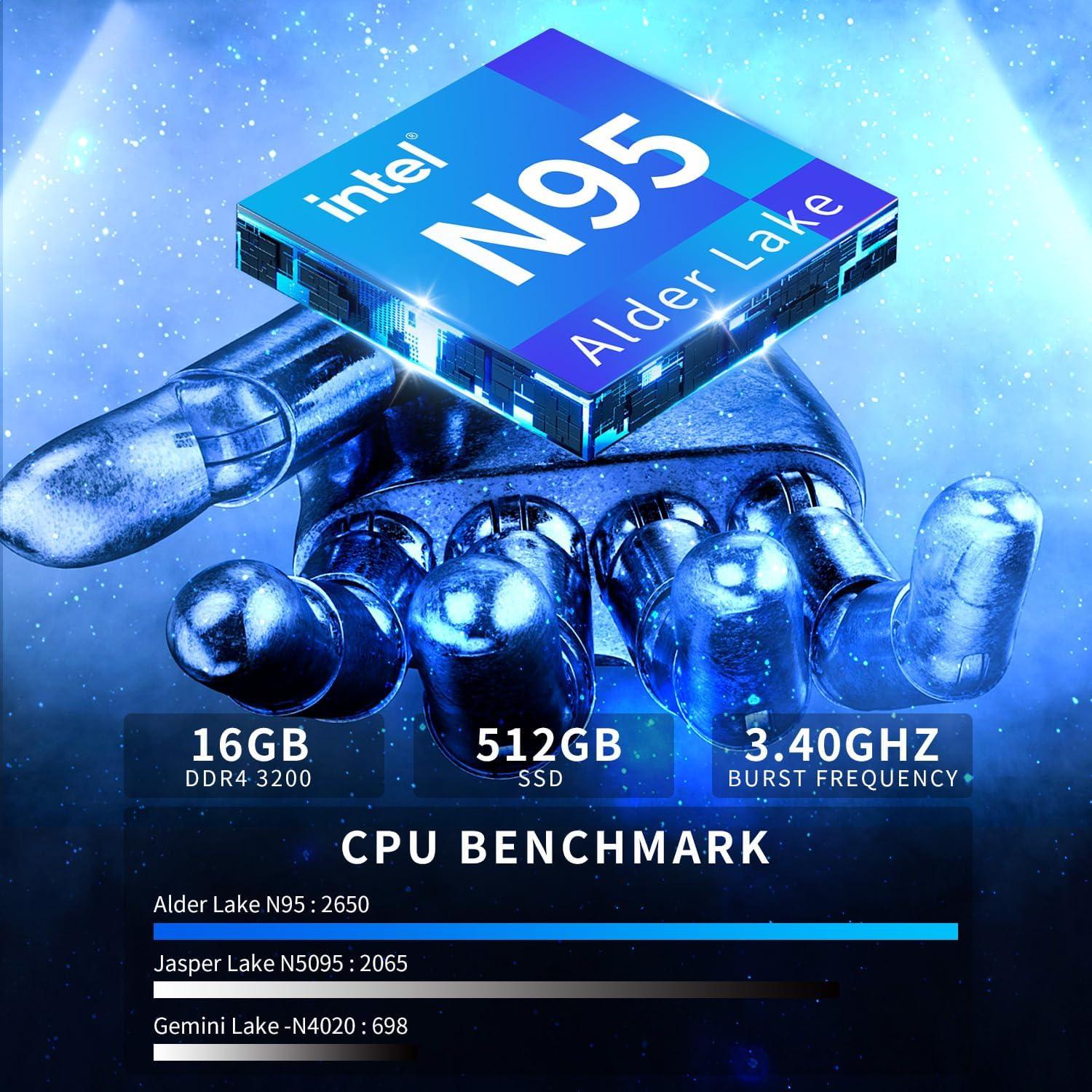 16 inch Laptop, 16GB DDR4 512GB SSD, Intel Quad-Core N95 Processor (up to 3.4Ghz) Windows 11 Pro