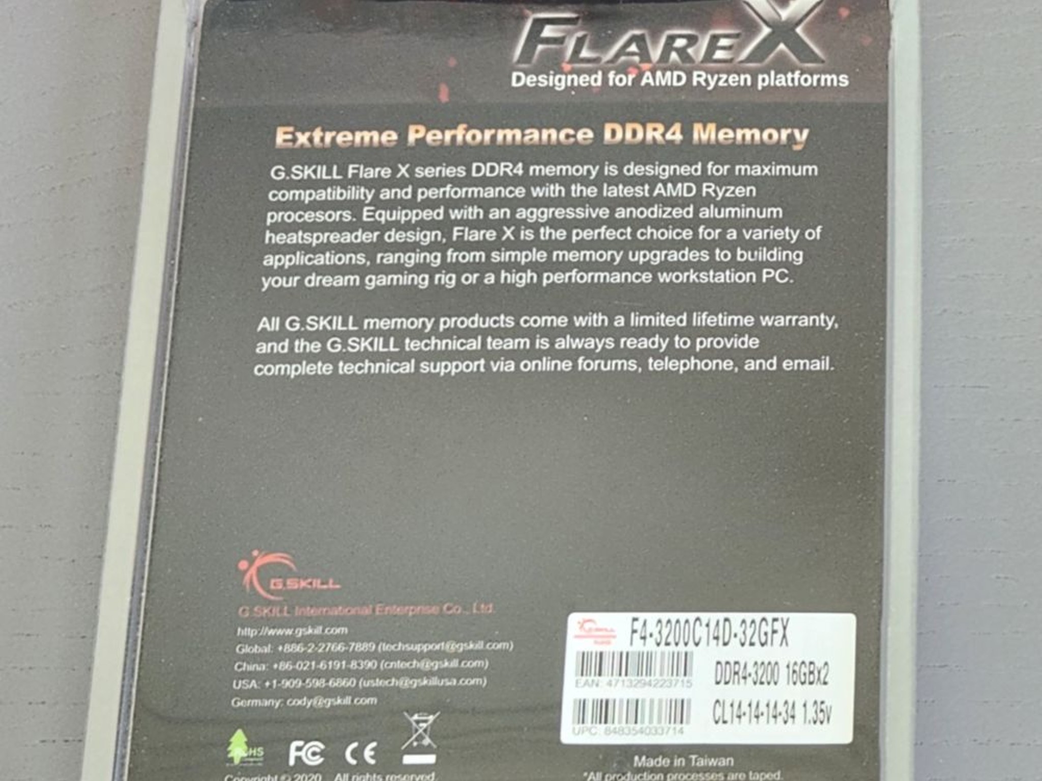 G.Skill 32GB 3200 CL14-14-14-34 DDR4 (2x16GB kit) FlareX for Ryzen AM4