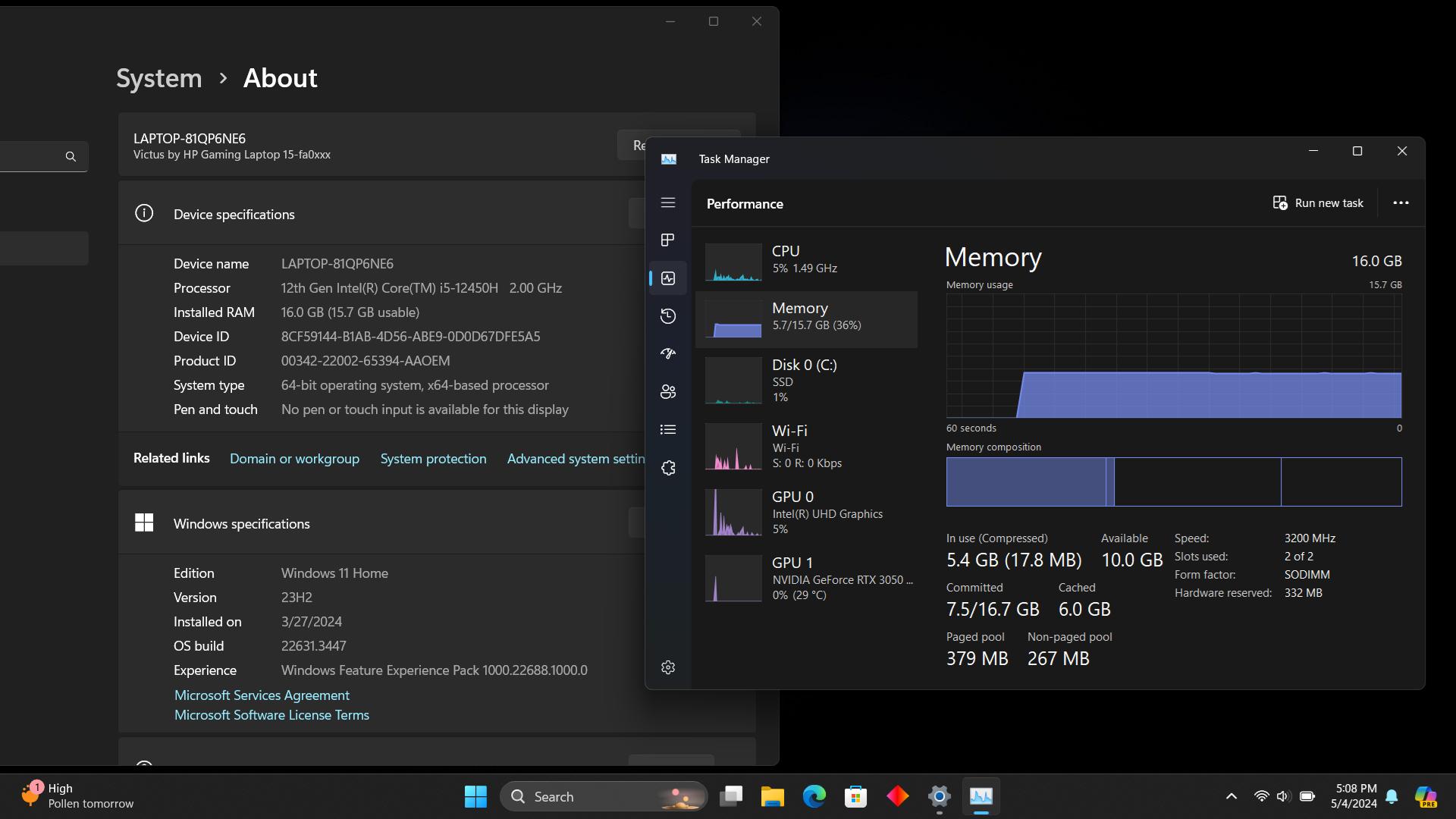 HP VICTUS 15.6" RTX 3050 i5-12450H 16GB 3200mhz 512GB NVMe 144Hz