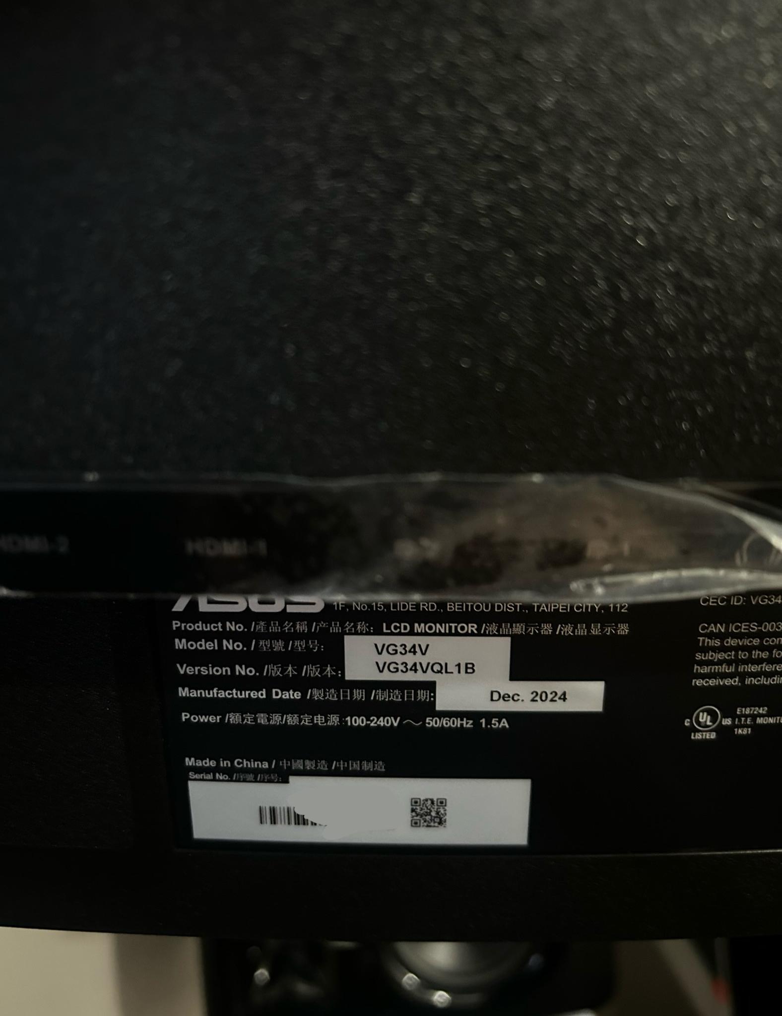 ASUS 34" 2K UWQHD (3440 x 1440) 165Hz UltraWide Curved Screen Gaming Monitor (VG34VQL1B)