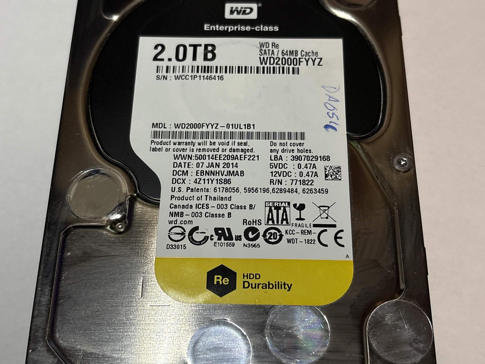 WD RE 2TB Enterprise HDD WD2000FYYZ 7200RPM SATA – 36,459 Hours – Good SMART