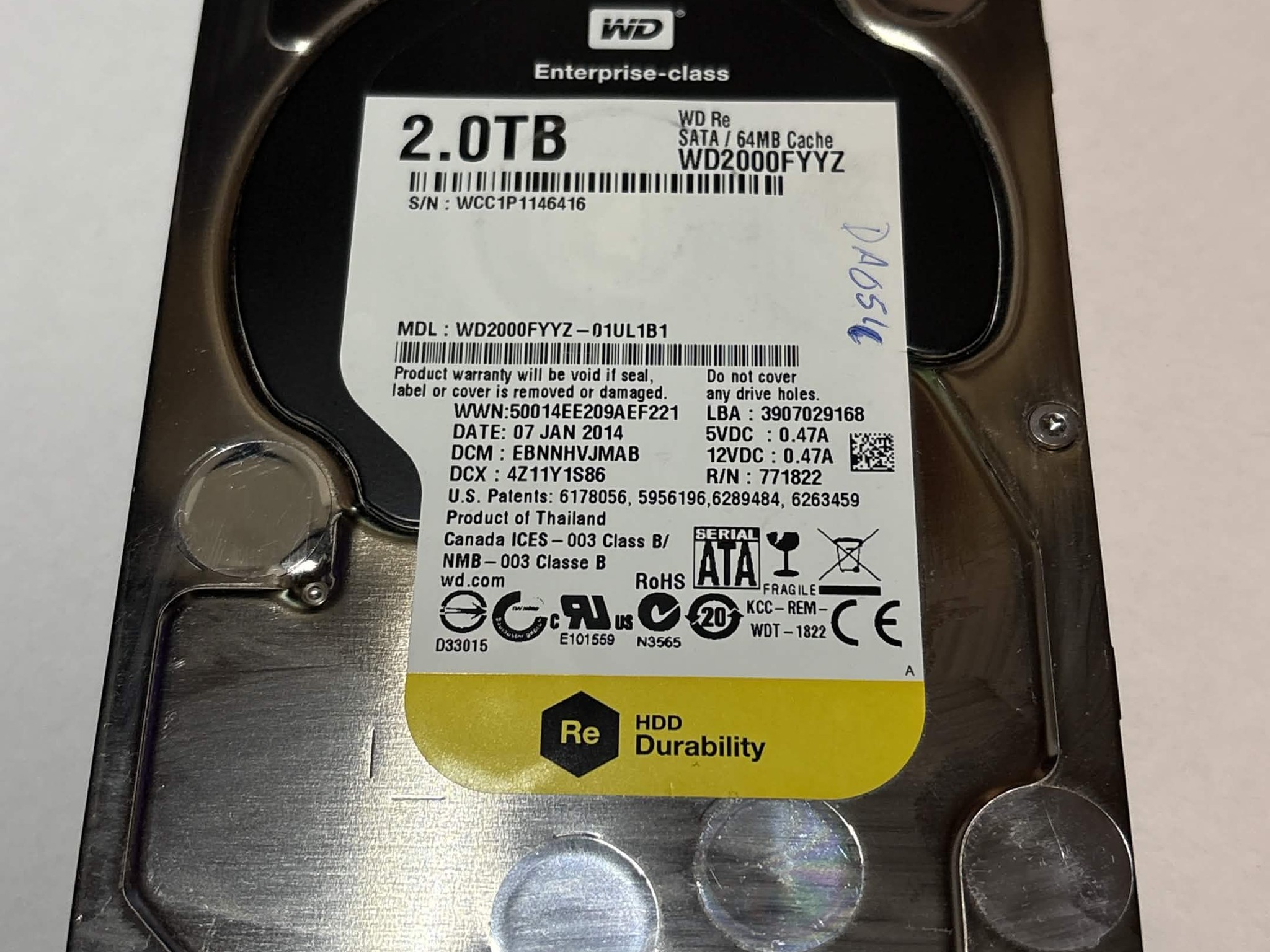 WD RE 2TB Enterprise HDD WD2000FYYZ 7200RPM SATA – 36,459 Hours – Good SMART