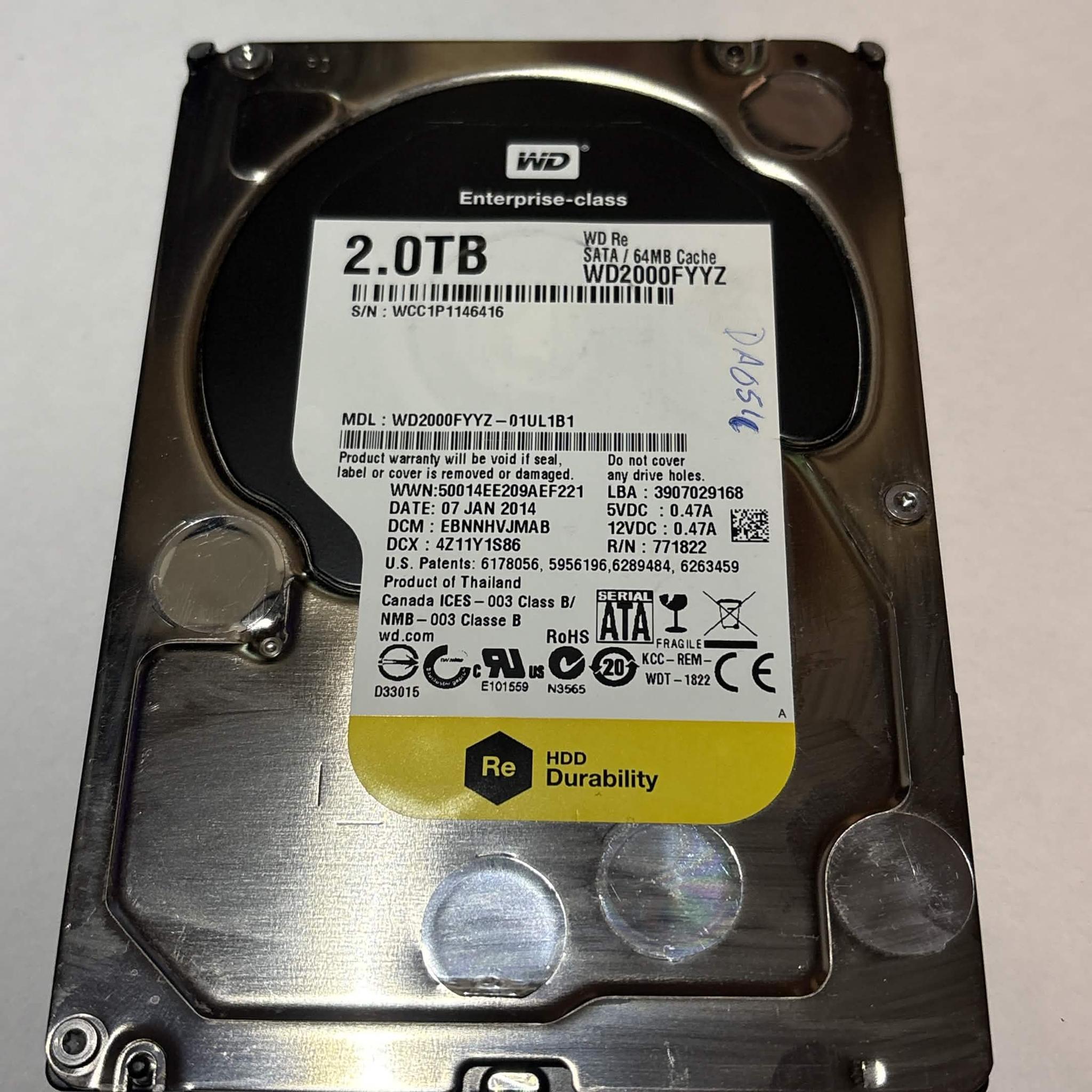 WD RE 2TB Enterprise HDD WD2000FYYZ 7200RPM SATA – 36,459 Hours – Good SMART