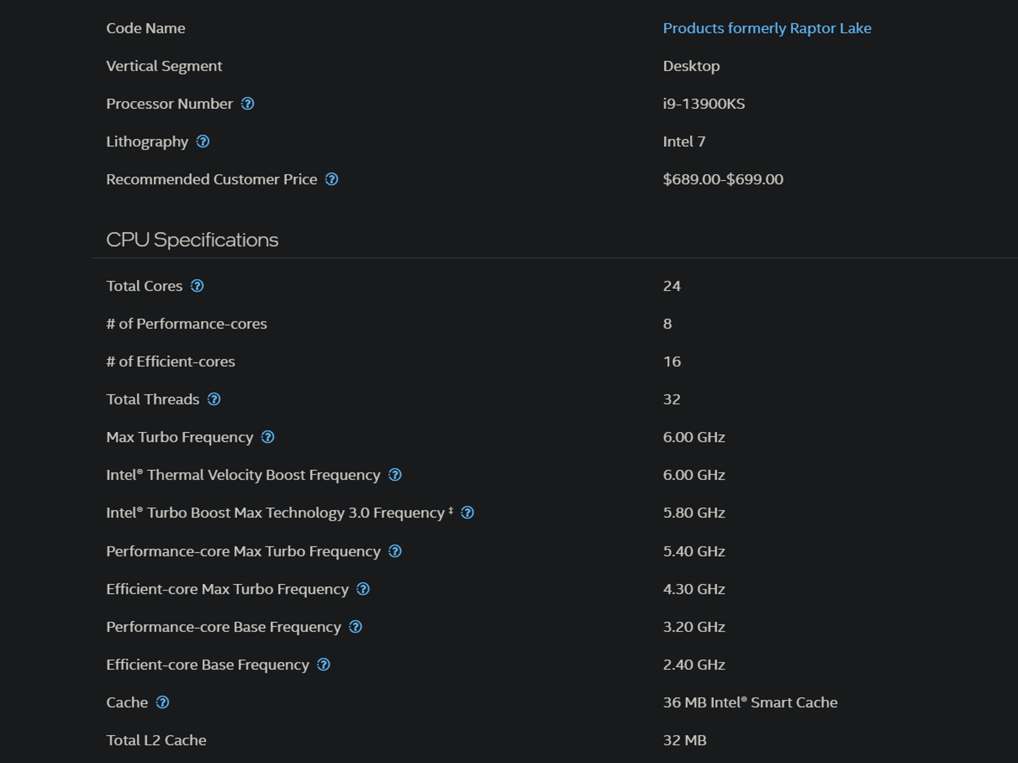 Intel Core i9-13900KS Processor - 24-cores, 36MB Cache, up to 6.00 GHz