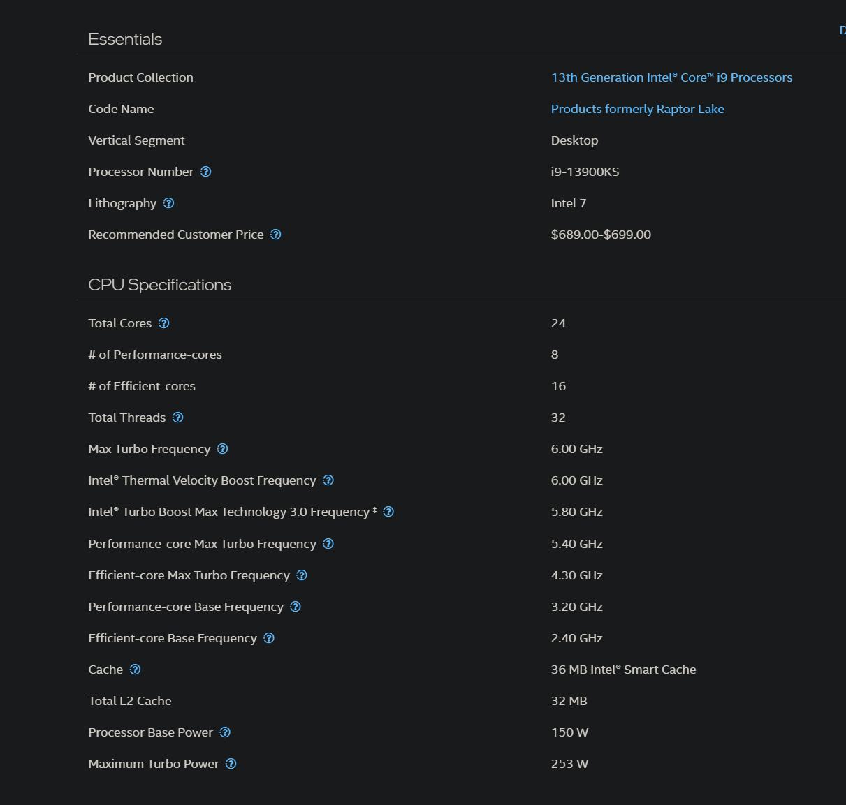 Intel Core i9-13900KS Processor - 24-cores, 36MB Cache, up to 6.00 GHz