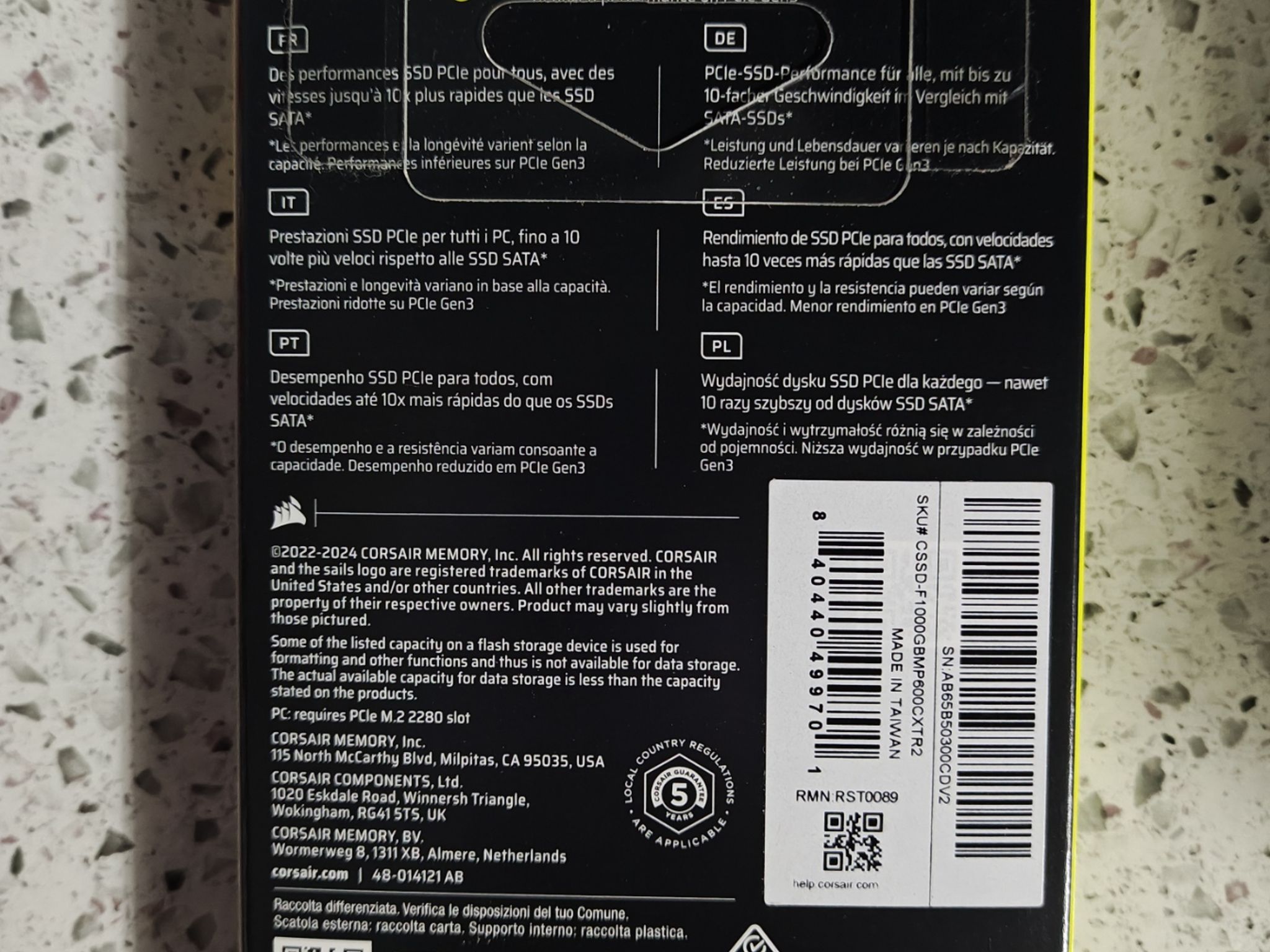 Corsair MP600 CORE XT M.2 2280 1TB PCI-Express 4.0 x4 3D QLC Internal (SSD) CSSD-F1000GBMP600CXTR2