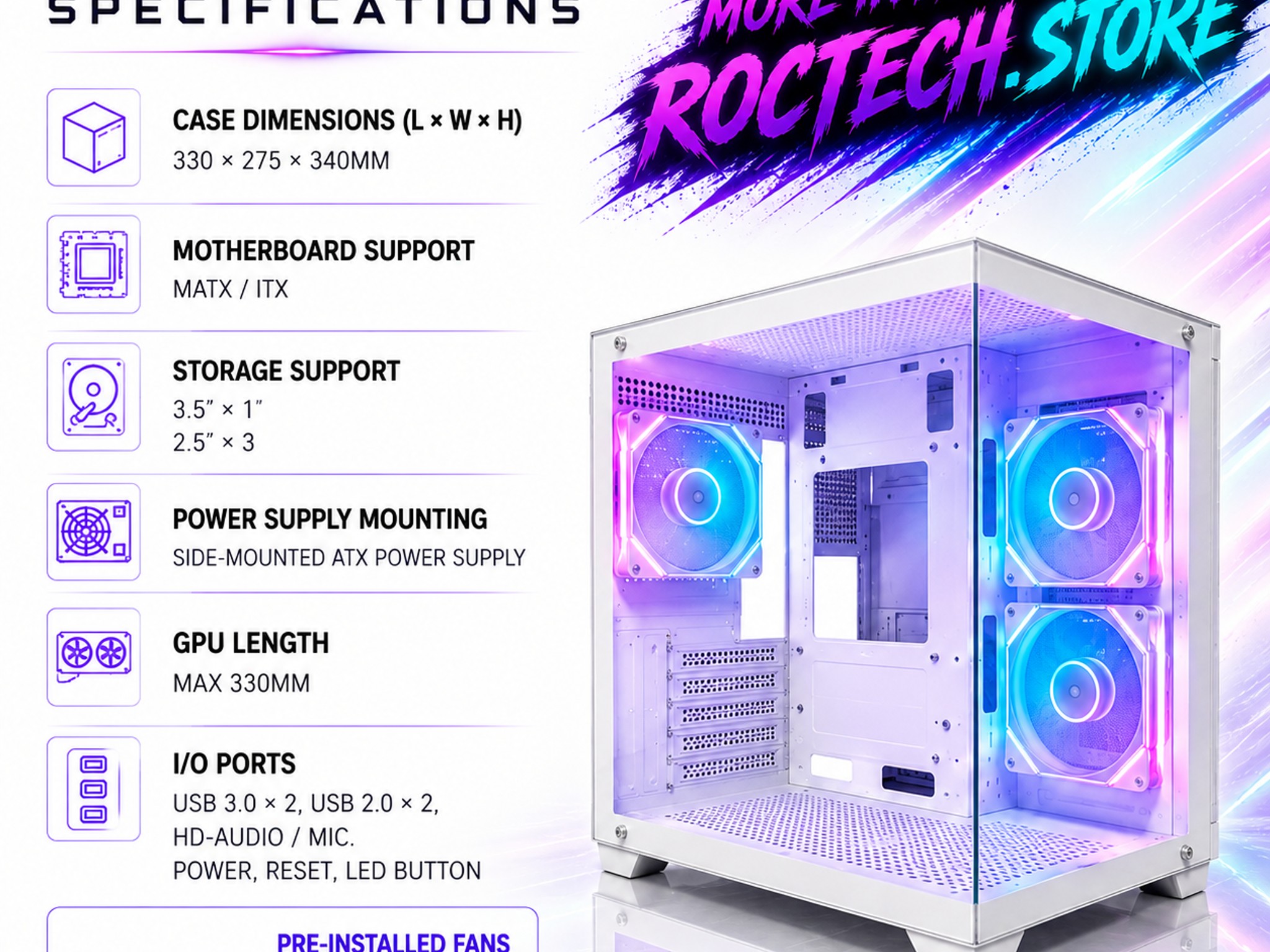 WHITE CUBEX ARGB GAMING PC MATX CASE – PANORAMIC TEMPERED GLASS