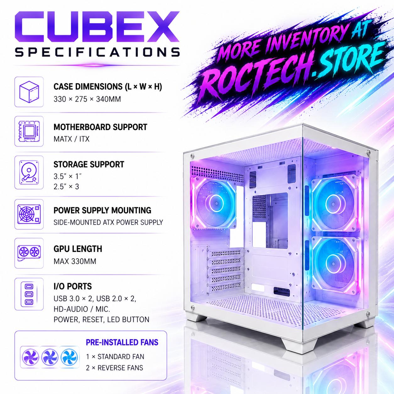 WHITE CUBEX ARGB GAMING PC MATX CASE – PANORAMIC TEMPERED GLASS