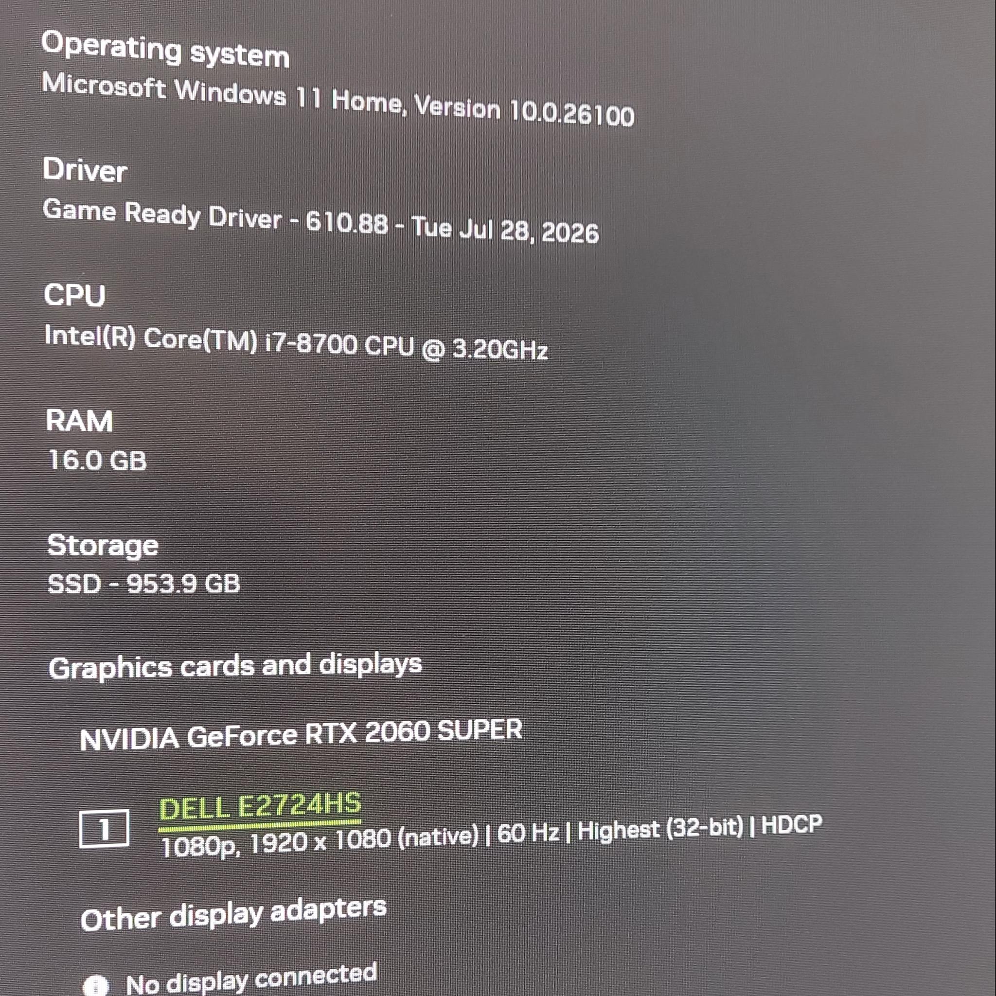 Custom Gaming PC, i7-8700, 16GB DDR4, RTX 2060 Super 8GB, 1TB SSD, Windows 11