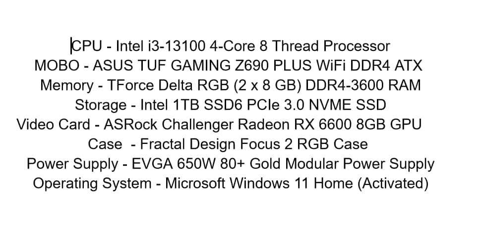 Entry Level RGB Budget Gaming PC - Brand New - Intel i3 13100 / Radeon RX6600 / 16GB RAM / 1TB SSD