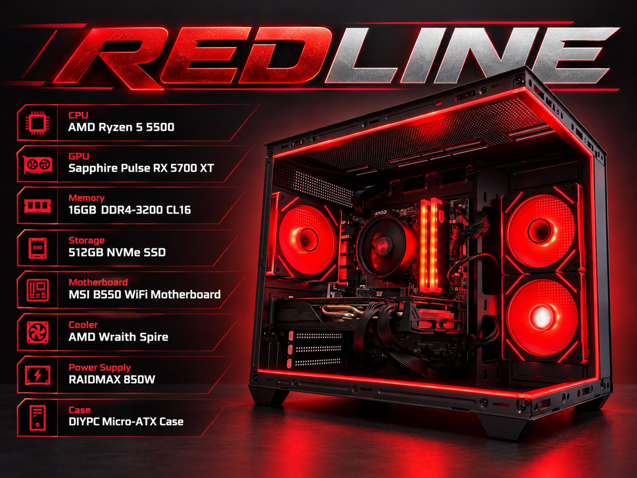 Radeon RX 5700 XT Custom Gaming PC - Ryzen 5 5500, 16GB RAM