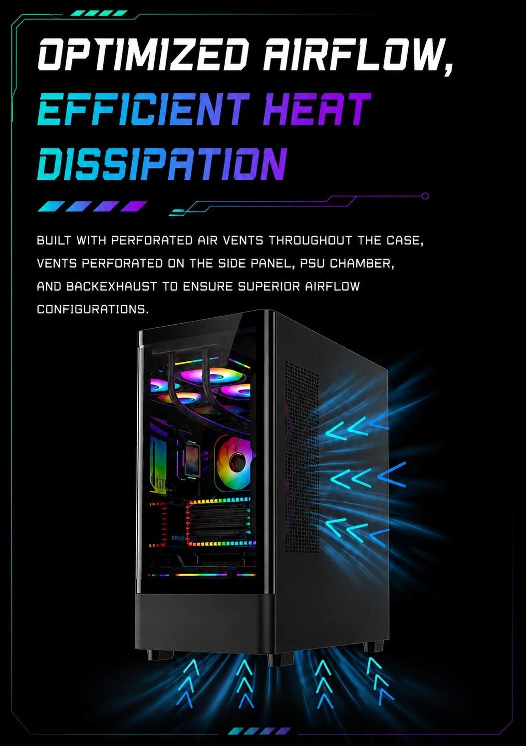 Black ARGB ATX Gaming PC Case Curved Tempered Glass w/ 5 Pre-Installed Fans