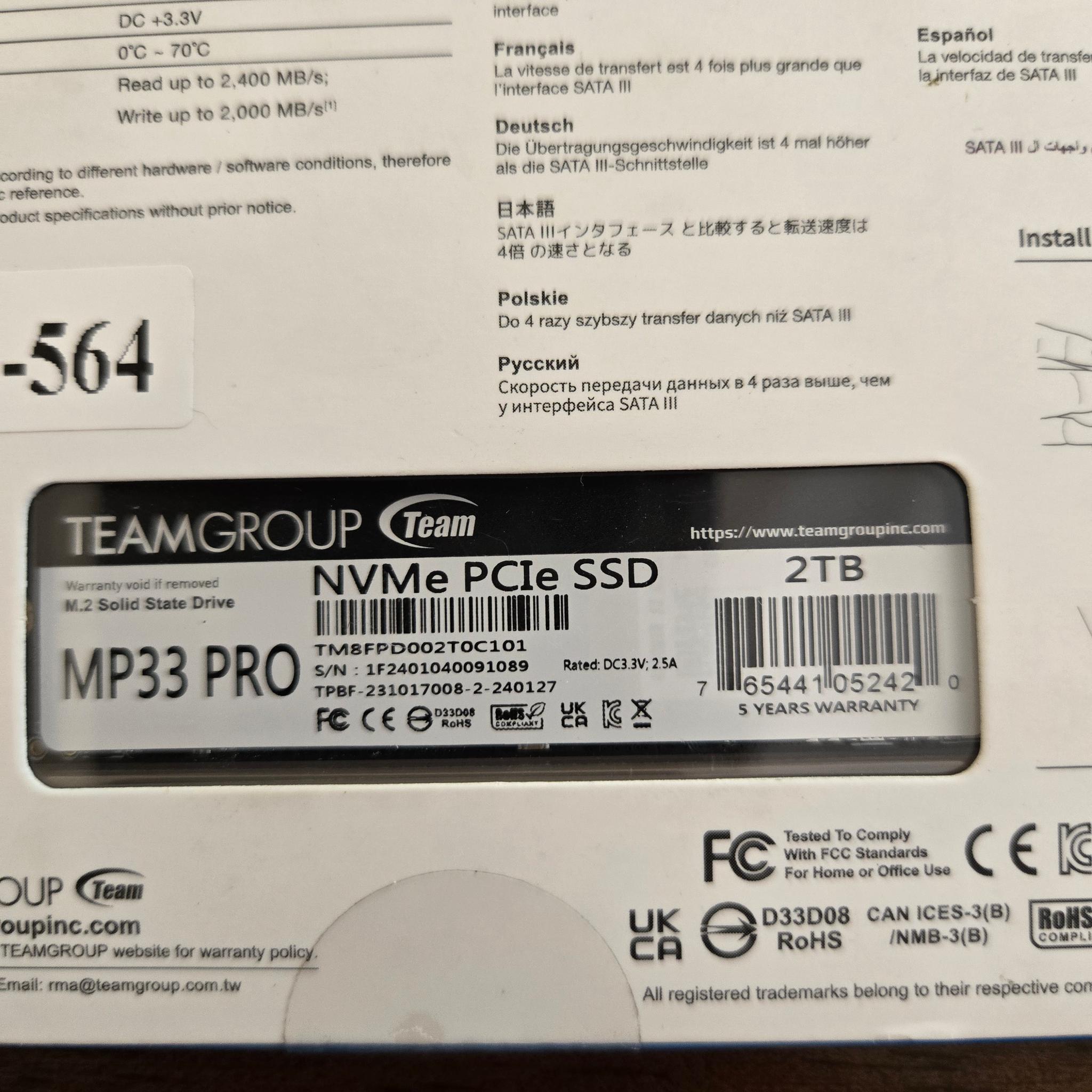 NEW TEAMGROUP MP33 PRO 2TB NVMe M.2 SSD PCIe Gen3 x4 2400/2000 MB/s