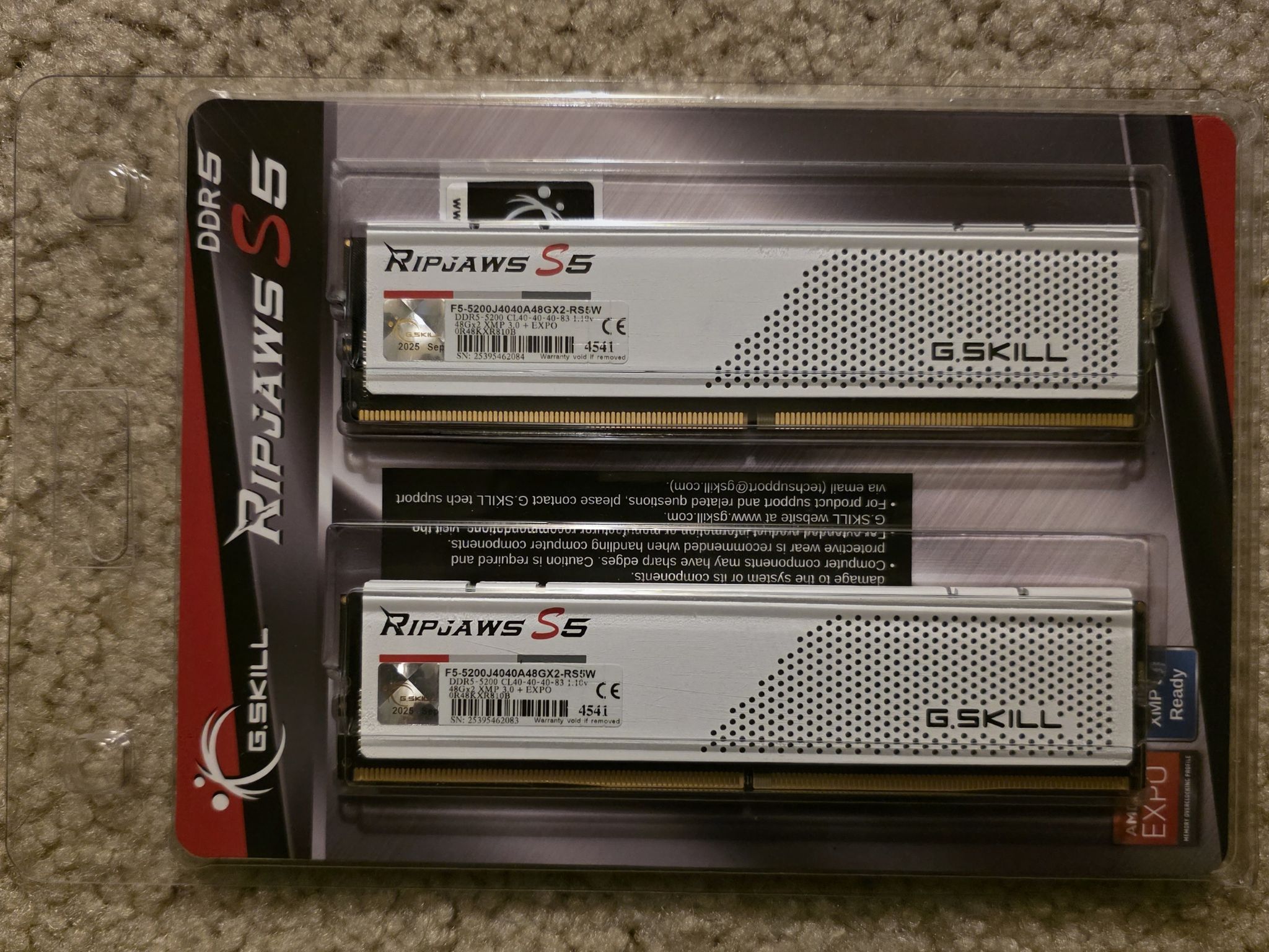 G.SKILL Ripjaws S5 96GB (2 x 48GB) DDR5 5200MHz CL40-40-40-83 White Brand New