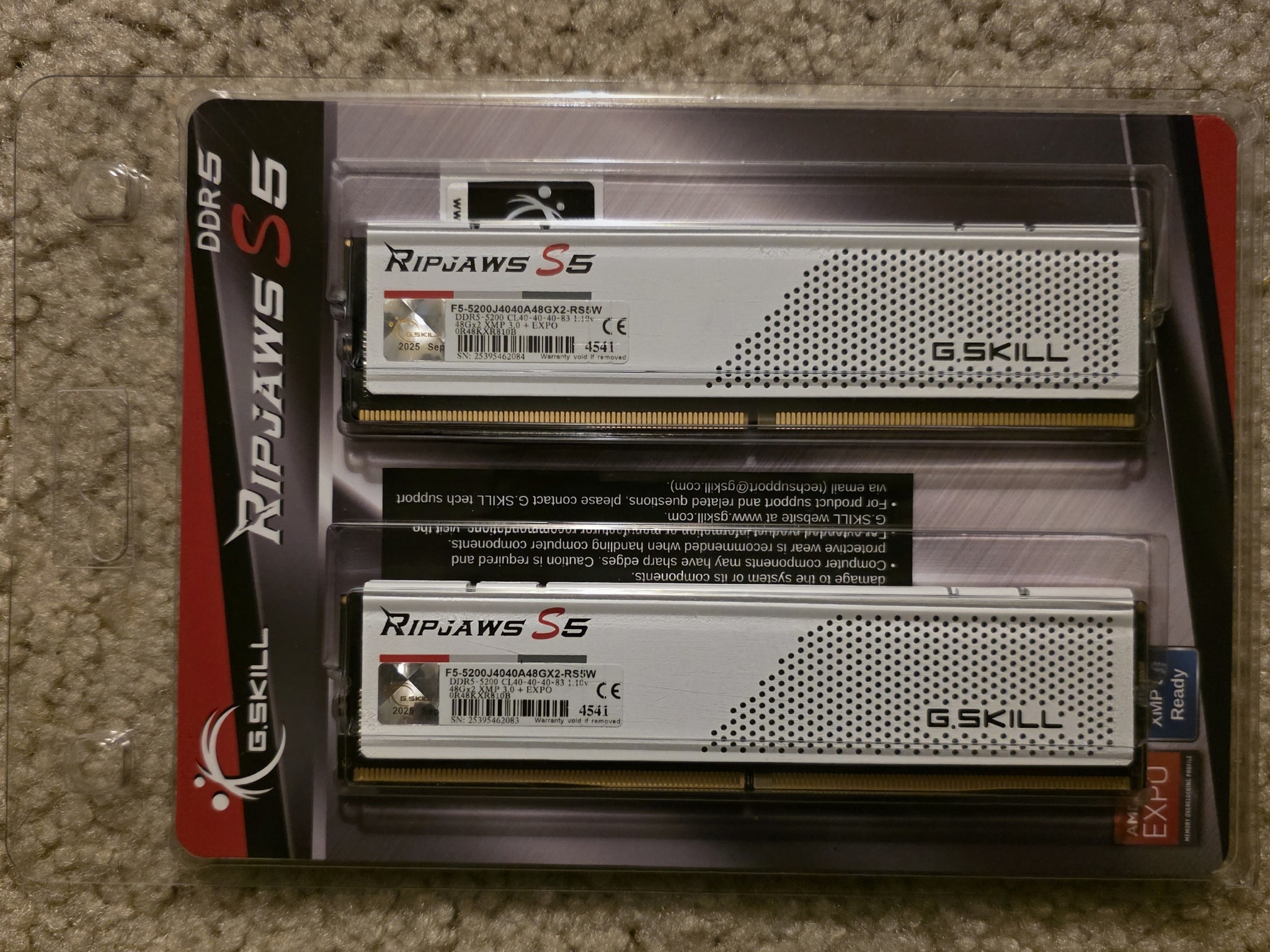 G.SKILL Ripjaws S5 96GB (2 x 48GB) DDR5 5200MHz CL40-40-40-83 White Brand New
