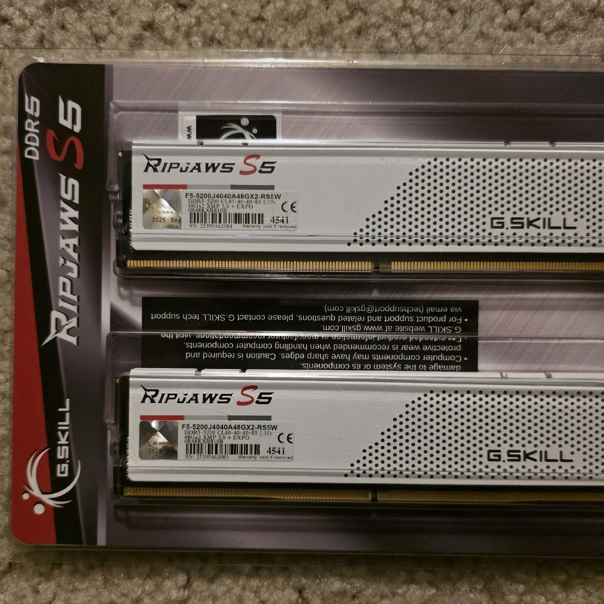 G.SKILL Ripjaws S5 96GB (2 x 48GB) DDR5 5200MHz CL40-40-40-83 White Brand New