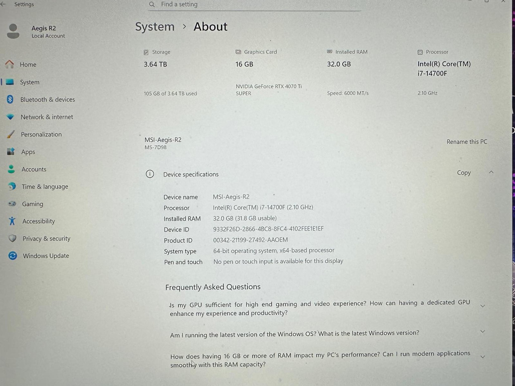 MSI Aegis R2 Desktop Gaming PC- RTX 4070 Ti Super| Intel I7-14700F| 4TB Storage | 32GB RAM