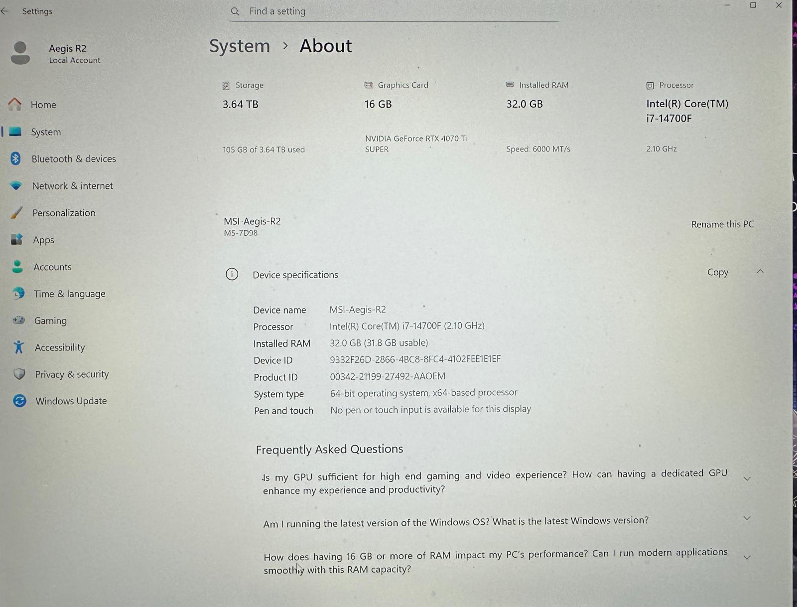 MSI Aegis R2 Desktop Gaming PC- RTX 4070 Ti Super| Intel I7-14700F| 4TB Storage | 32GB RAM