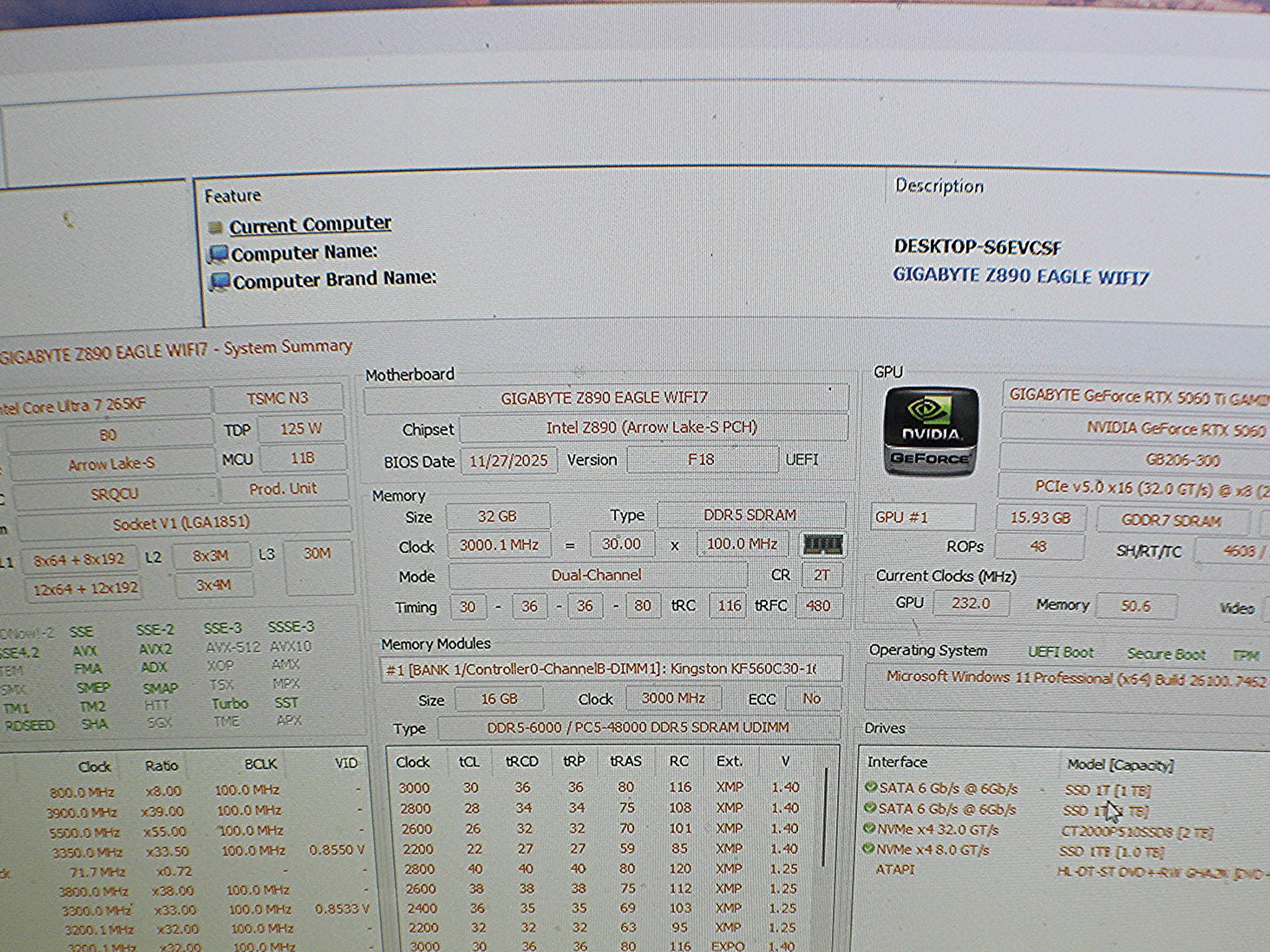 Gigabyte Z890 Eagle / Intel Ultra 7 / RTX 5060ti 16GB