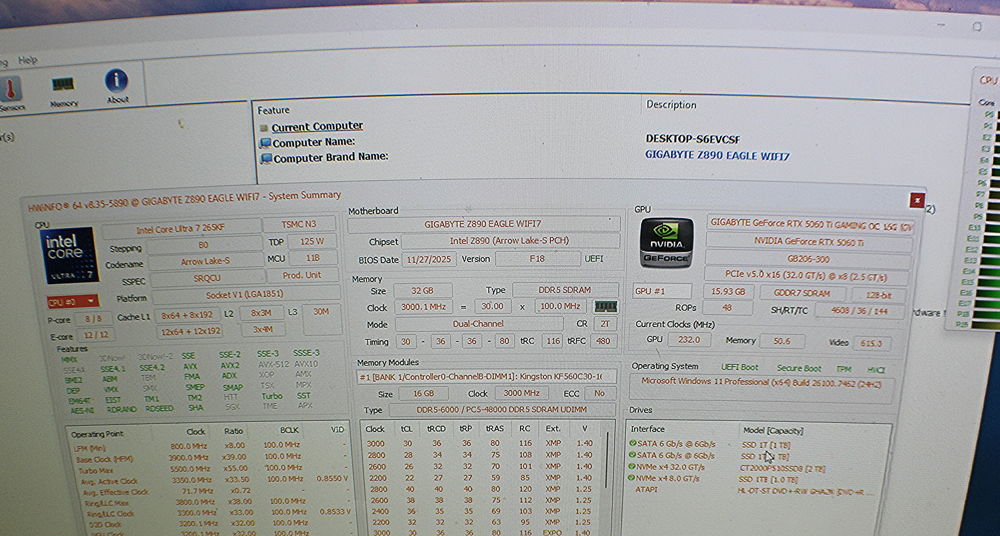 Gigabyte Z890 Eagle / Intel Ultra 7 / RTX 5060ti 16GB