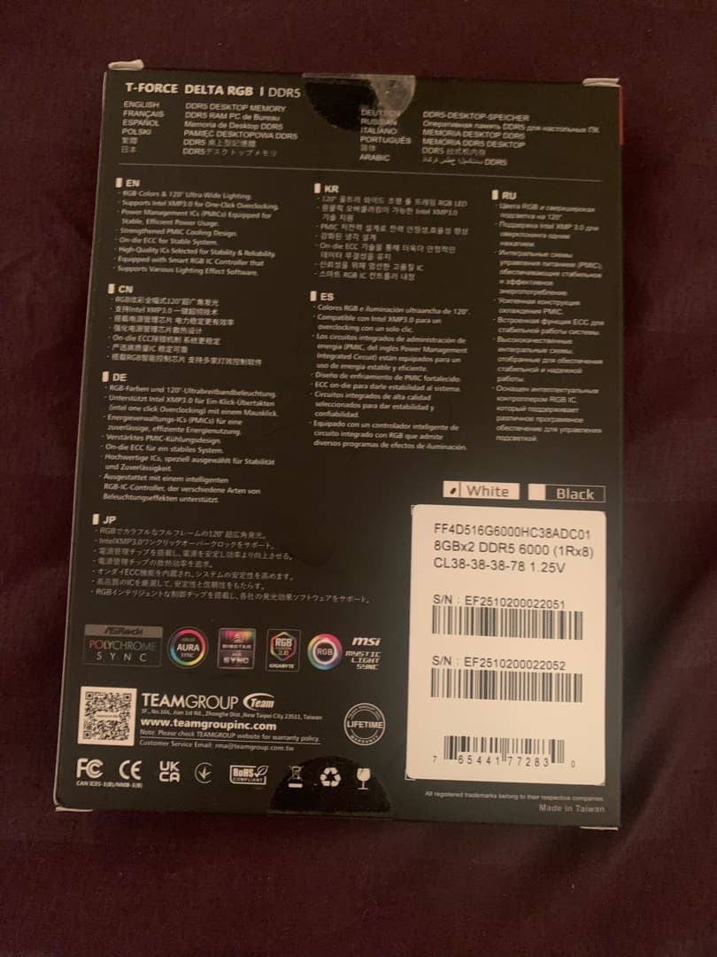 TEAMGROUP T‑Force Delta RGB DDR5 16GB (2×8GB) 6000MHz CL38 – White/Black – Brand New / Open Box
