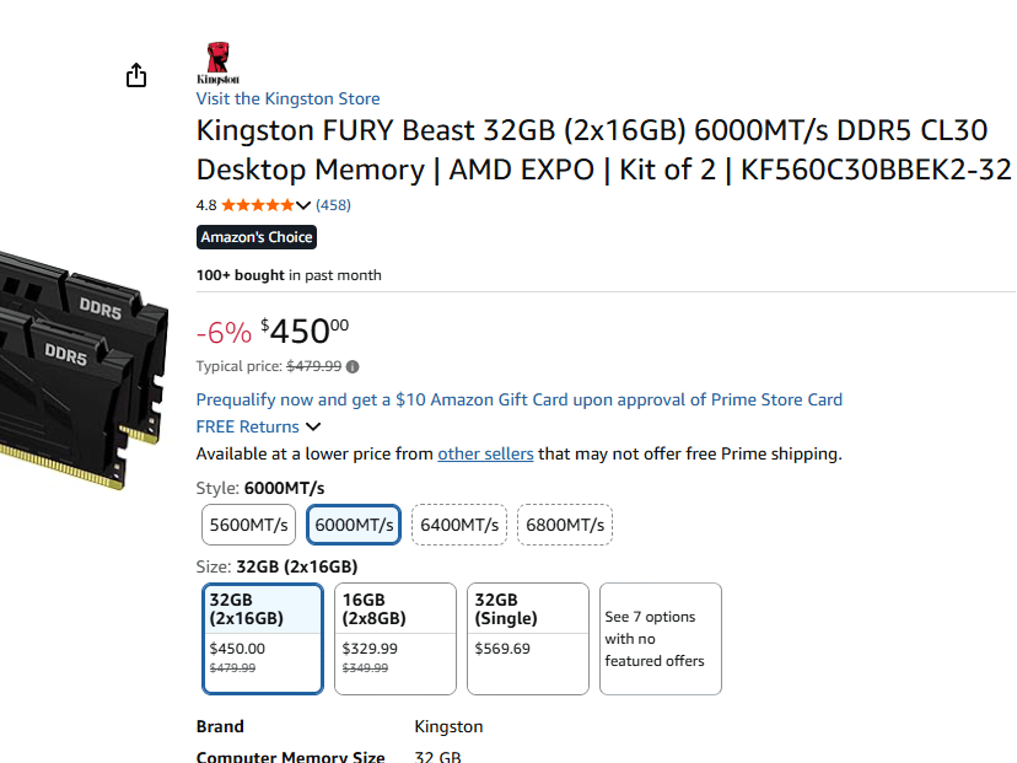 Kingston FURY Beast DDR5 32GB (2x16GB) 6000MT/s CL30-NEW OPEN BOX