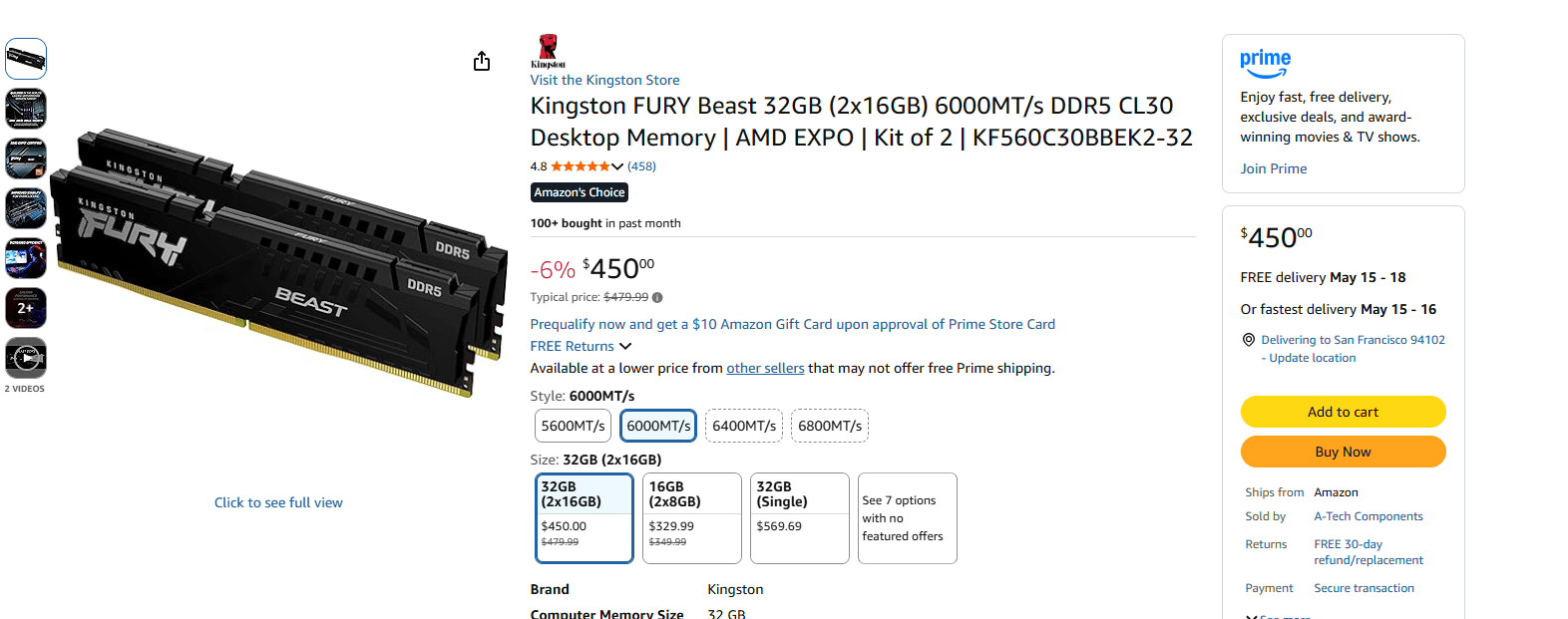 Kingston FURY Beast DDR5 32GB (2x16GB) 6000MT/s CL30-NEW OPEN BOX