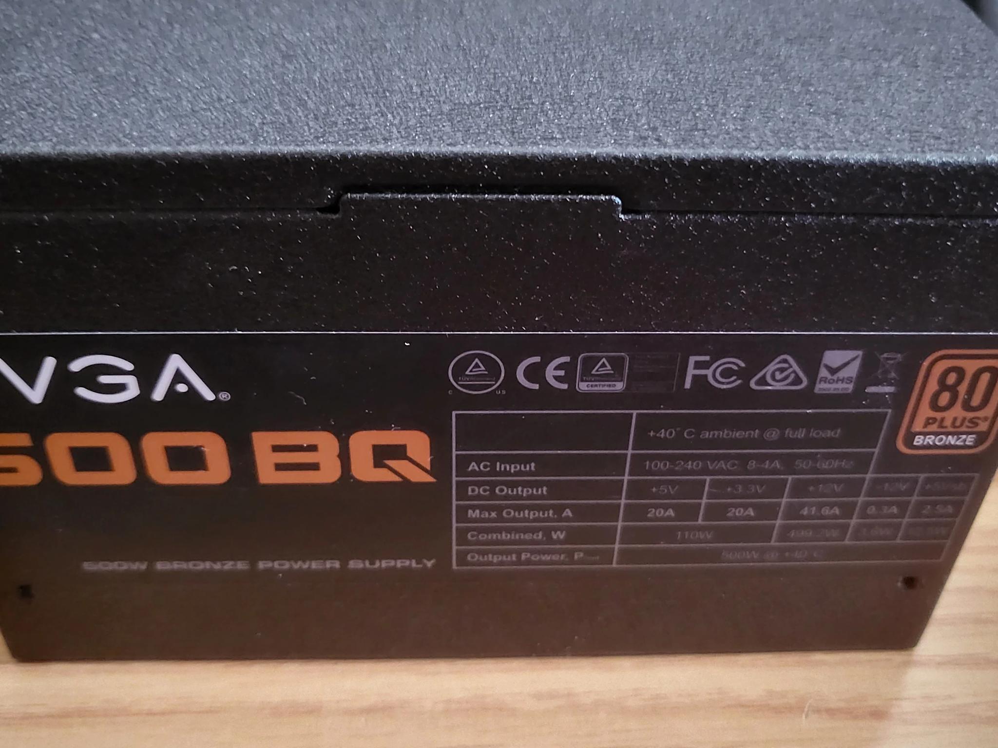 USED EVGA 500BQ Power Supply w/Power Cord and PCI-E Power Cable
