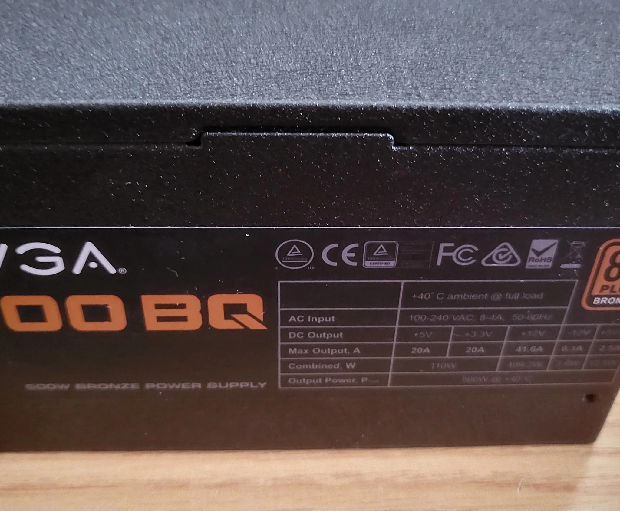 USED EVGA 500BQ Power Supply w/Power Cord and PCI-E Power Cable