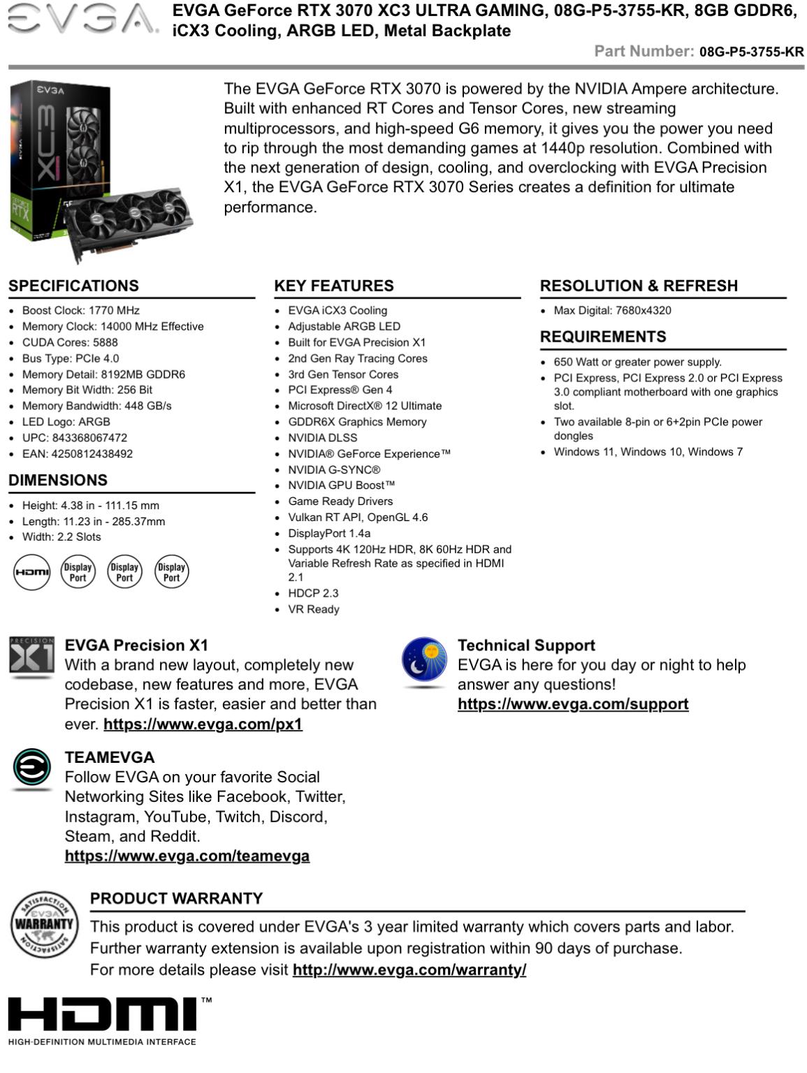 EVGA XC3 ULTRA GAMING GeForce RTX 3070