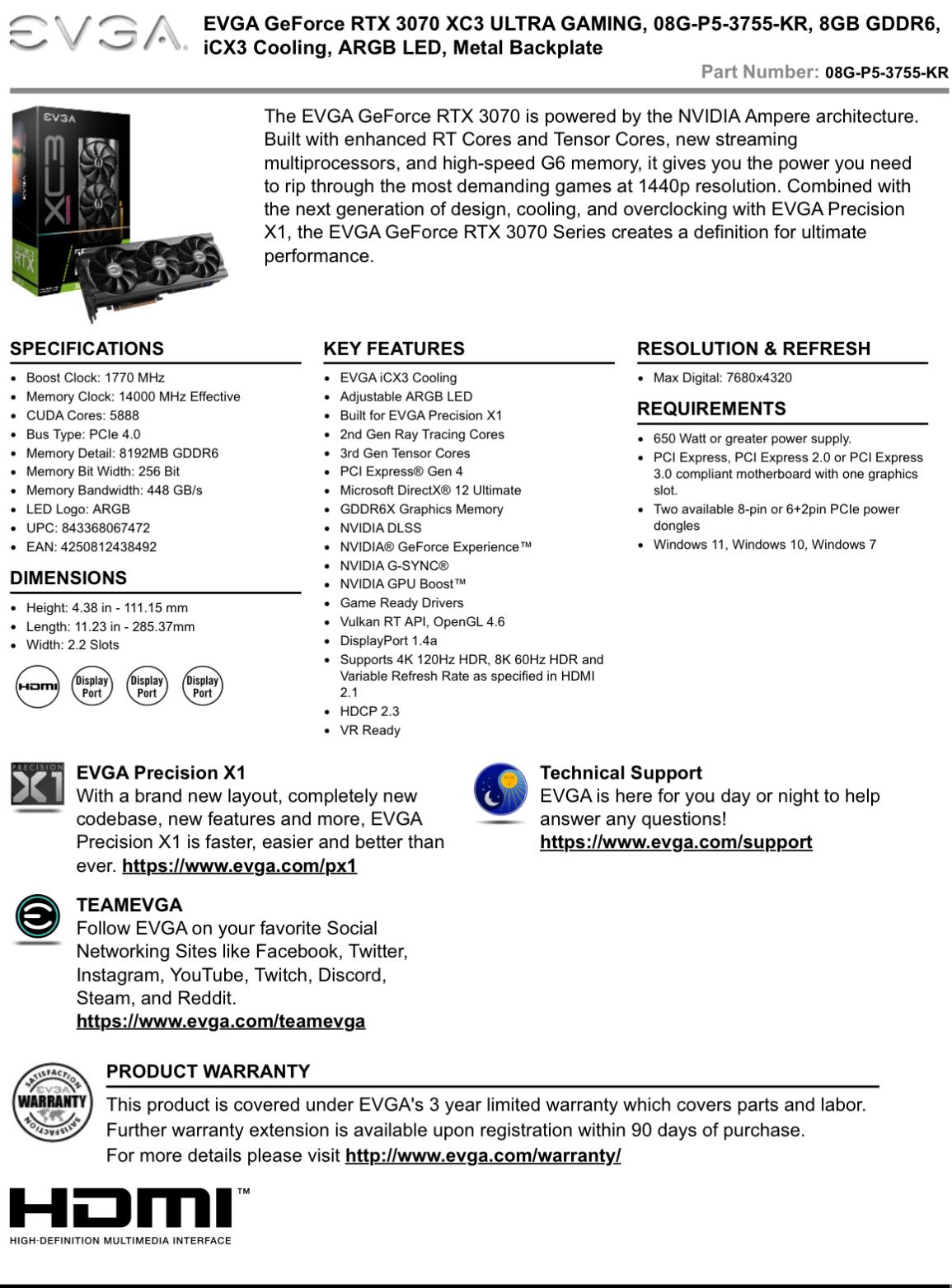 EVGA XC3 ULTRA GAMING GeForce RTX 3070