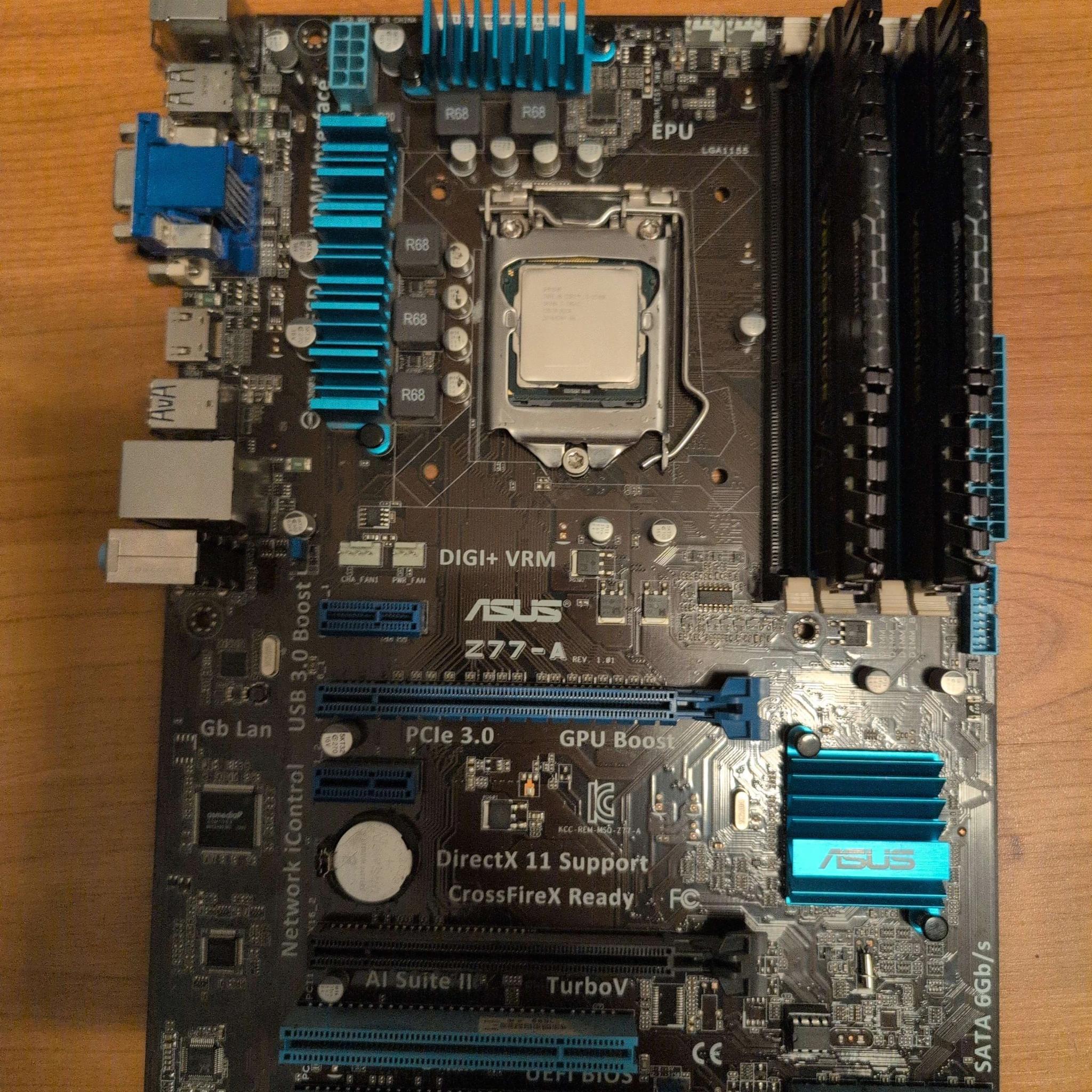 Intel i5 2500k, ASUS Z77-A, Corsair Vengeance 8GB DDR3 1600 CL9