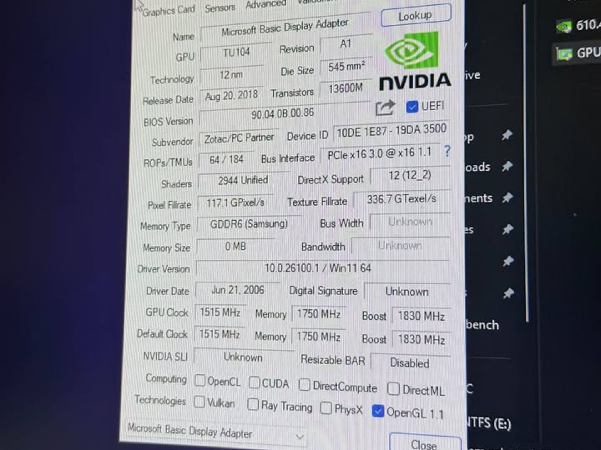 ZOTAC GeForce RTX 2080 8GB Graphics Card - For Parts or Repair