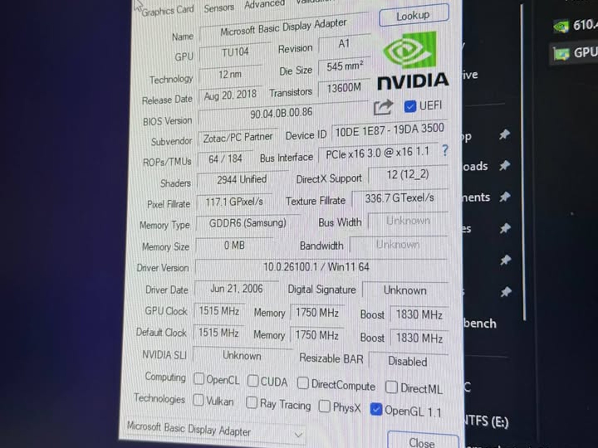 ZOTAC GeForce RTX 2080 8GB Graphics Card - For Parts or Repair