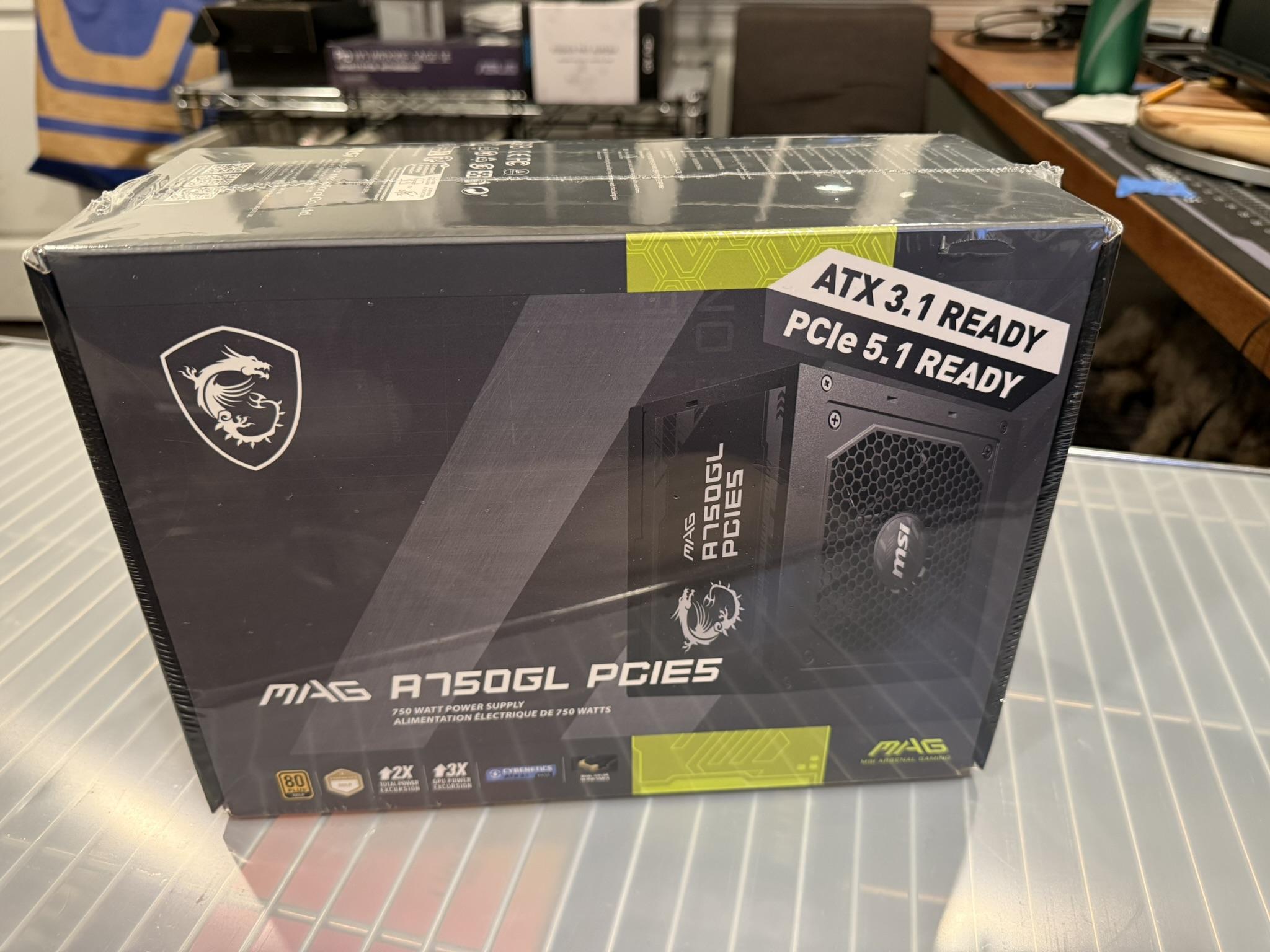 New. 750w PSU. MSI MAG A750GL PCIE5. 80+ Gold, ATX3.1, PCIe 5.1. Factory sealed.