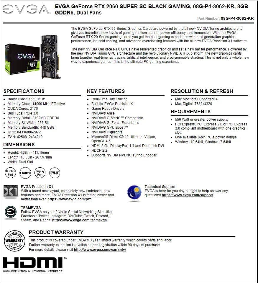 EVGA RTX 2060 Super SC Black 8GB