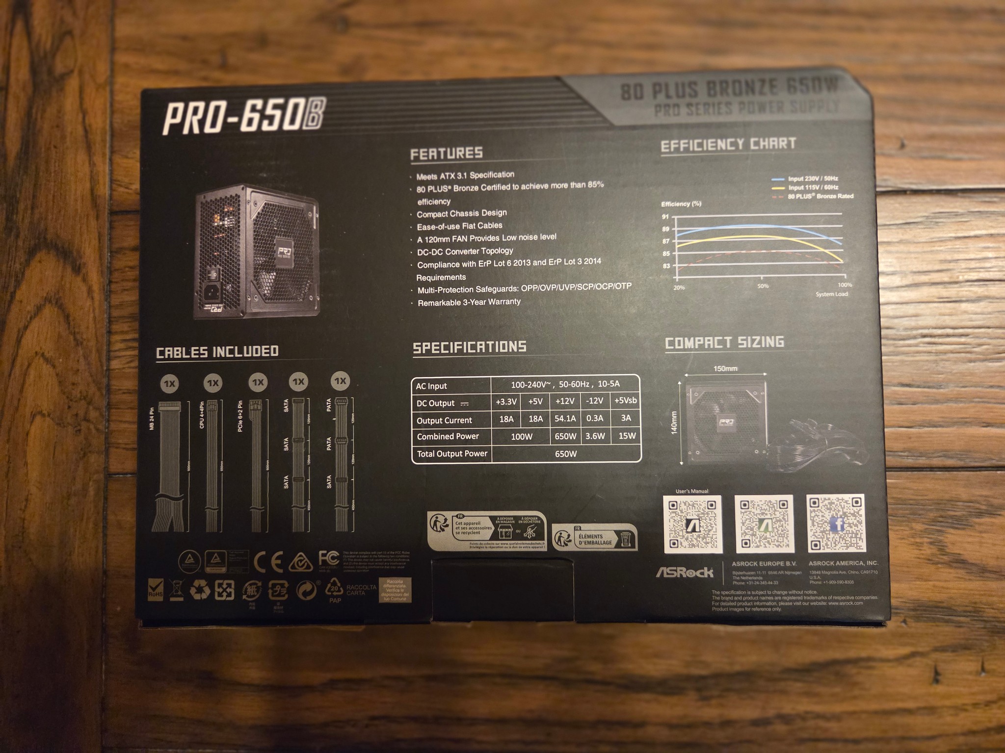 ASRock PRO Series PRO-650B 650 W ATX 3.1 Compatible 80 PLUS BRONZE Certified Power Supply
